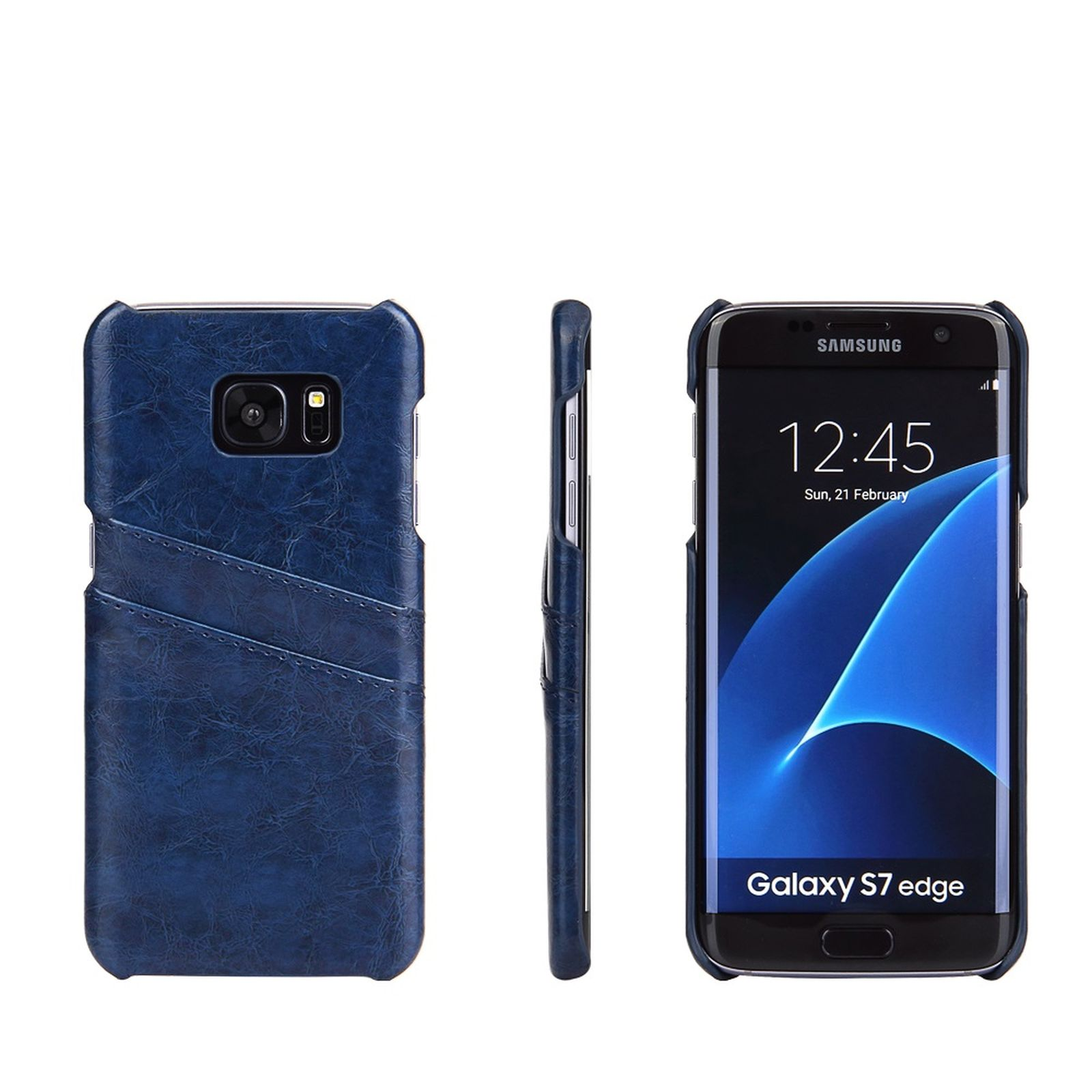Drei Ansichten einer blauen Leder-Handyhülle mit Telefon, das den Bildschirm zeigt.