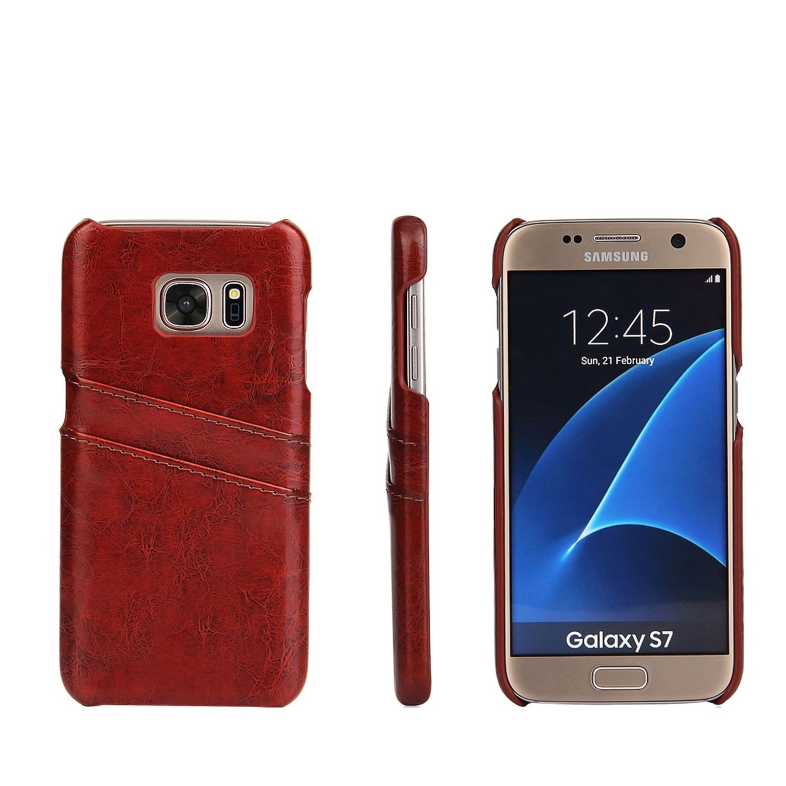 Rote Leder-Handyhülle mit Telefon. Seiten- und Frontansicht. Weißer Hintergrund.