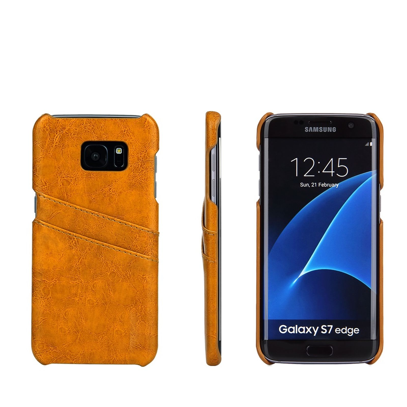 Eine hellbraune Handyhülle mit einem Telefon darin, das Vorder-, Rück- und Seitenansichten zeigt.