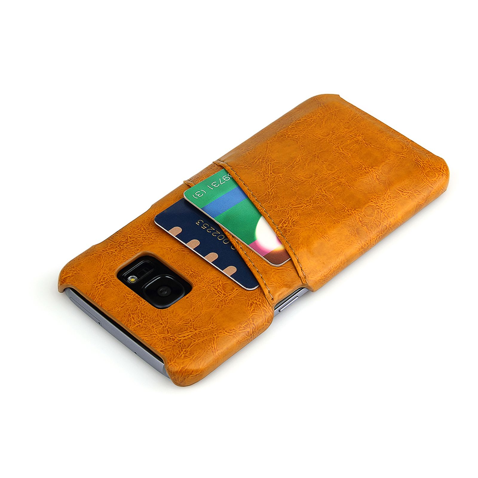 Braune Leder-Handyhülle mit Karte in einer Tasche.