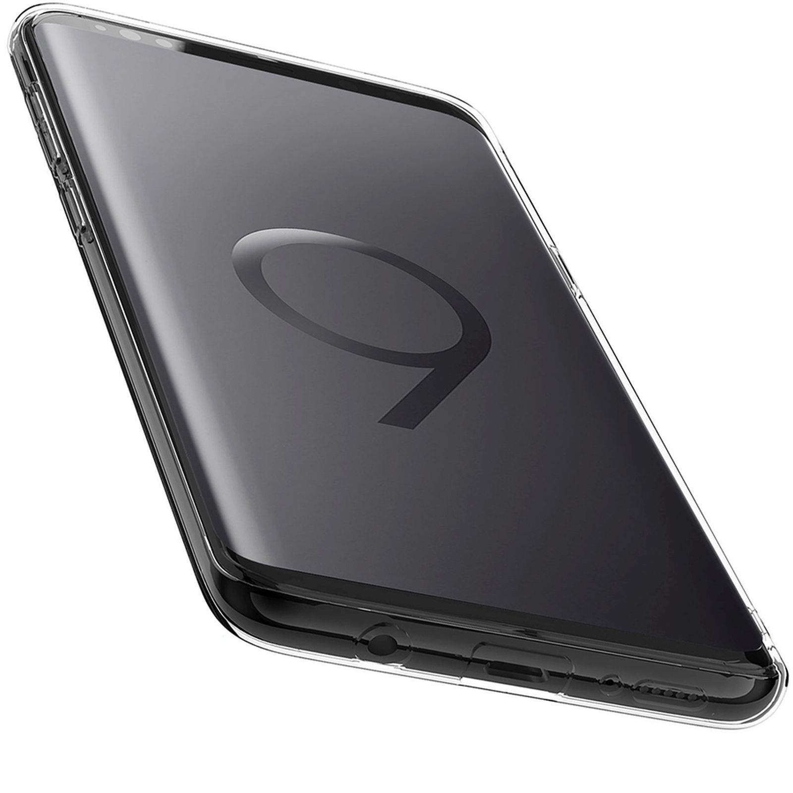 Transparente Handyhülle auf einem schwarzen Telefon. Das Telefon ist abgewinkelt.
