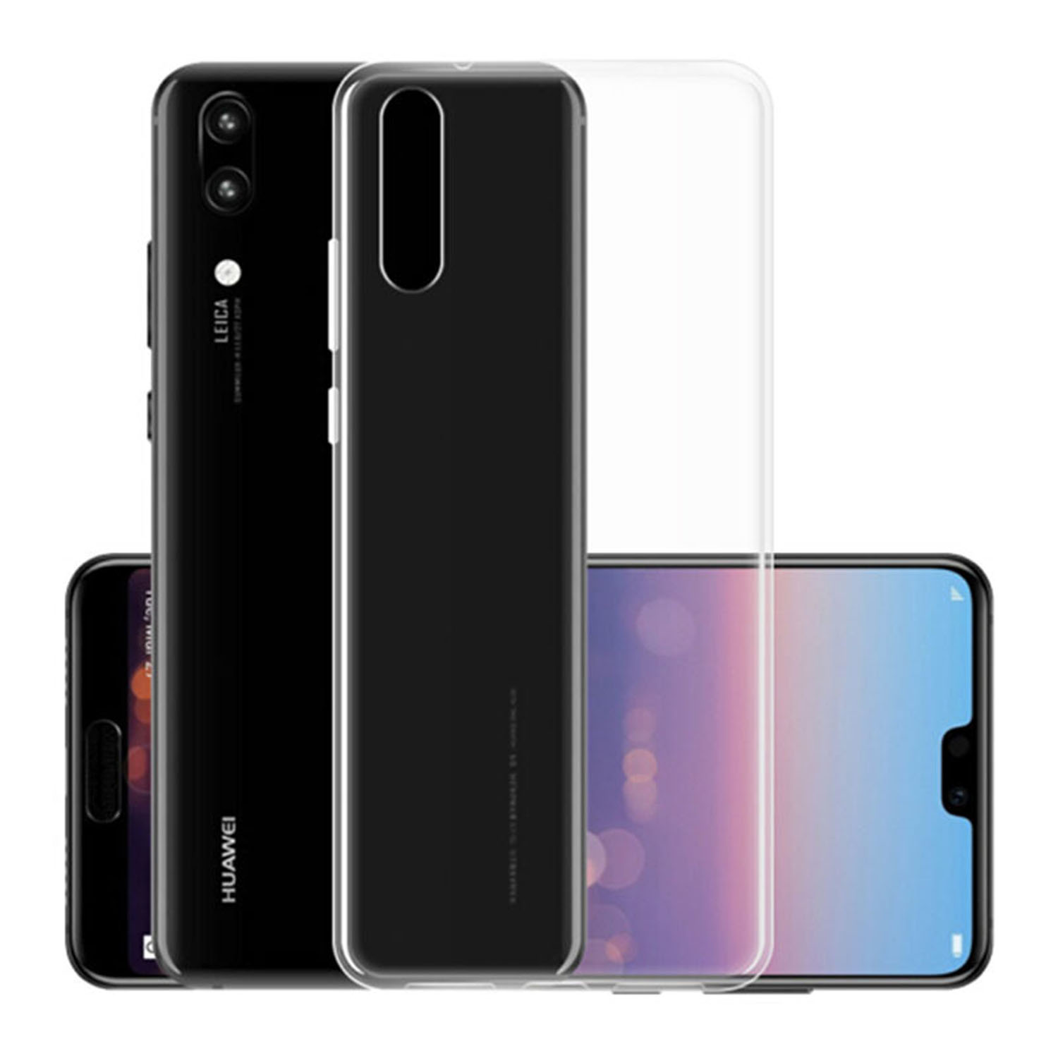 Schwarzes Huawei-Telefon mit durchsichtiger Hülle und einem anderen Telefon. Die Telefone liegen nebeneinander.