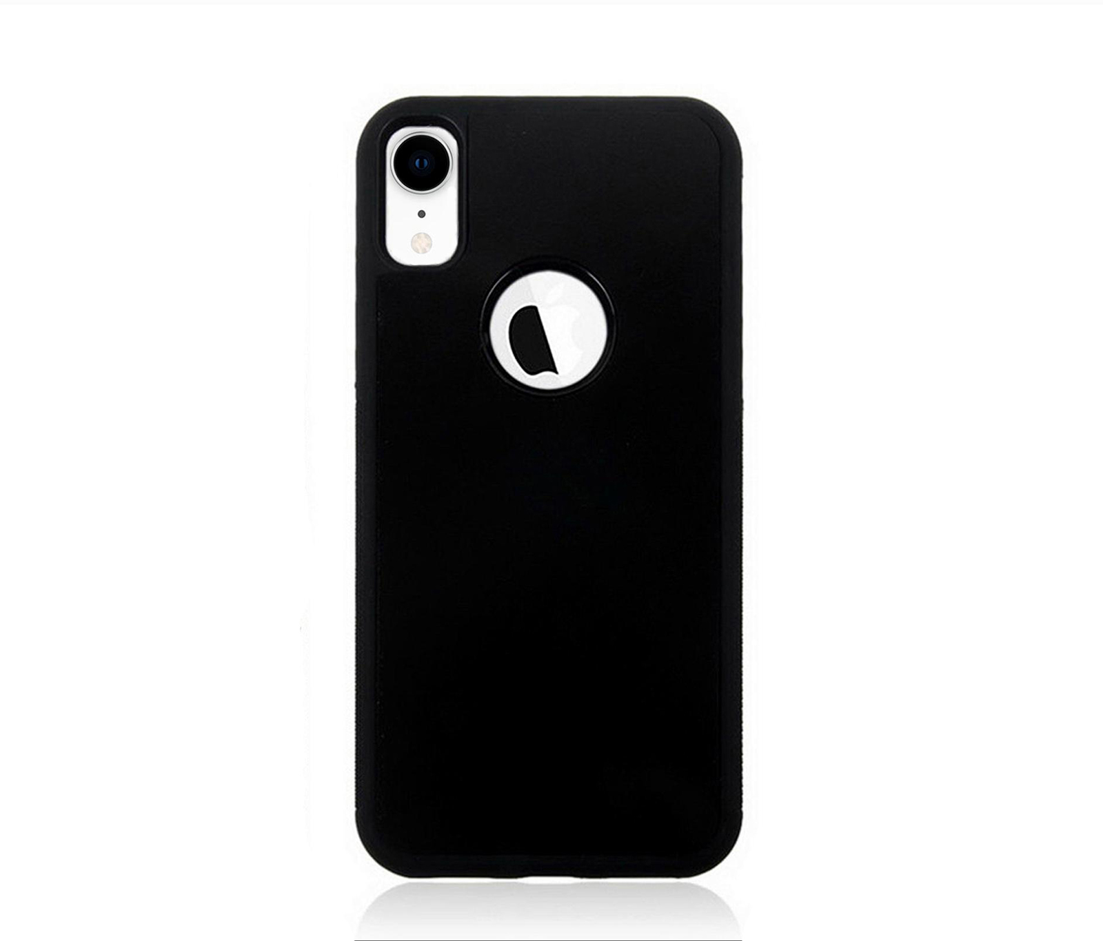 Schwarze iPhone-Hülle mit weißem Apple-Logo. Die Hülle hat einen Ausschnitt für die Kamera.