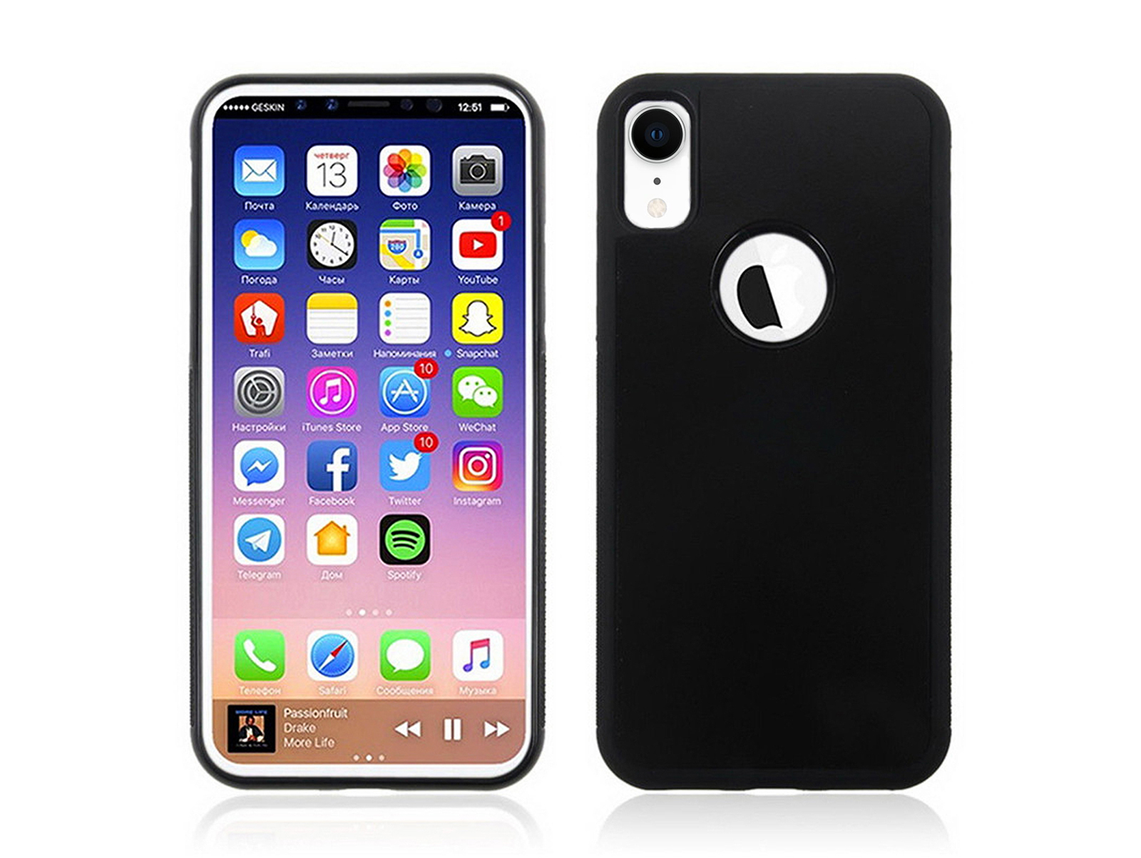 Eine schwarze Handyhülle mit einem Telefon, das einen App-Bildschirm anzeigt. Das Telefon liegt auf einer weißen Oberfläche.
