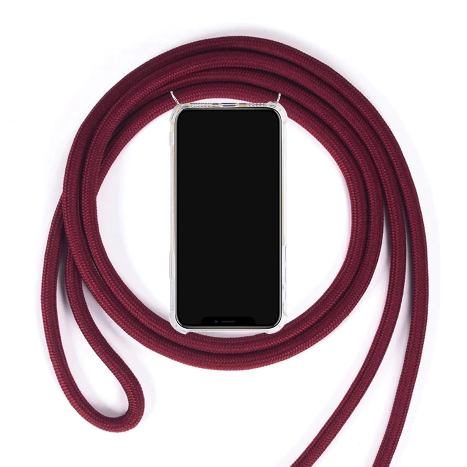 Ein Telefon mit einer weinroten Kordel darum.