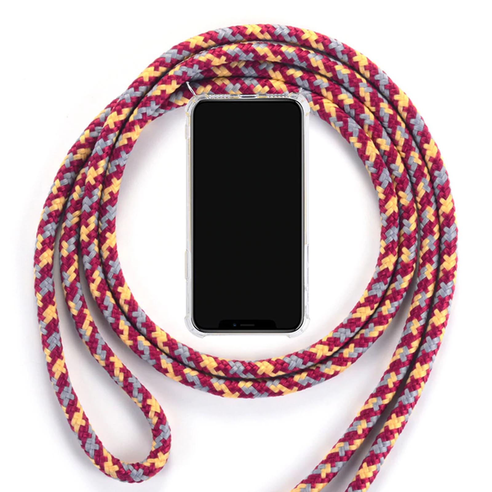 Ein Telefon in einer durchsichtigen Hülle mit buntem Seilriemen auf weißem Hintergrund.