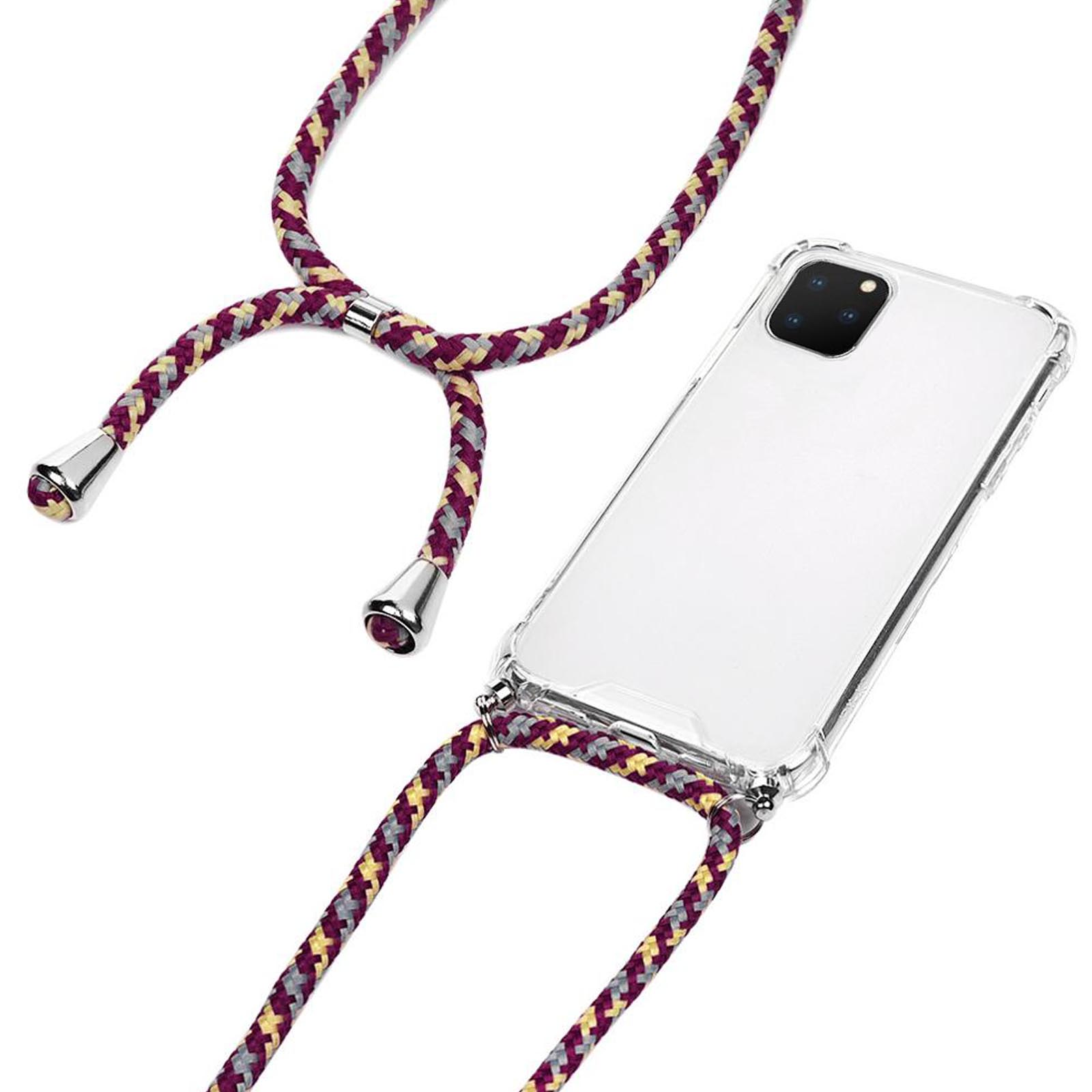 Transparente Handyhülle mit einem gestreiften, mehrfarbigen Lanyard. Das Lanyard ist lila, rot und beige.