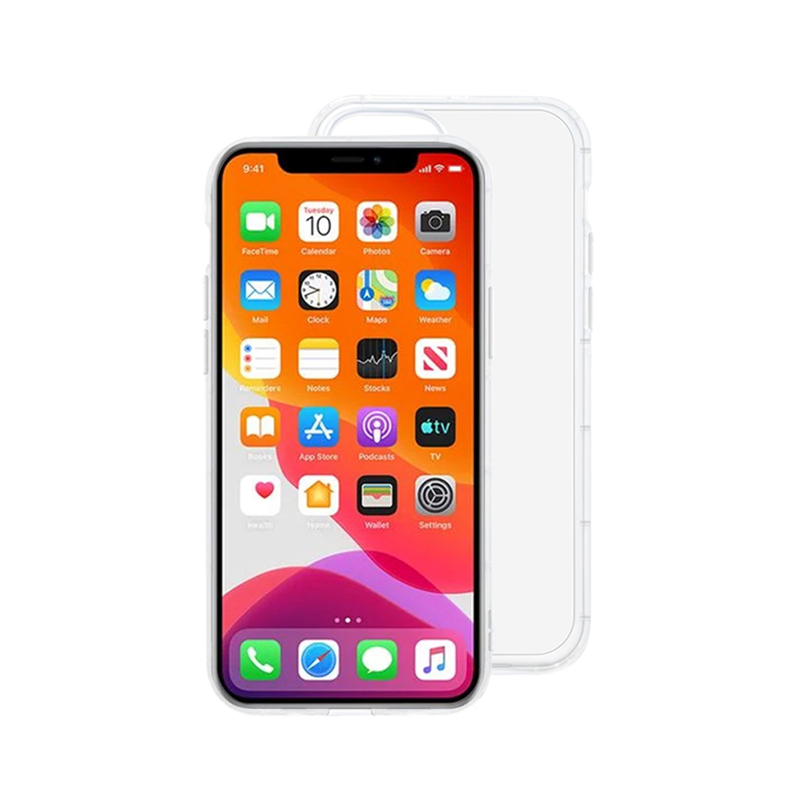 iPhone mit angezeigten Apps, ruht neben einer transparenten Handyhülle. Weißer Hintergrund.