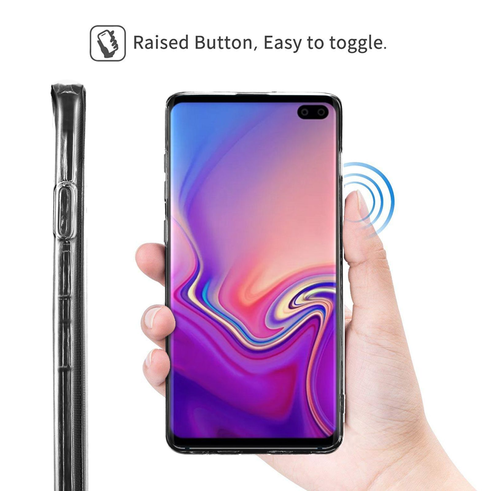 Eine Hand, die ein Telefon in einer durchsichtigen Hülle hält. Das Telefon hat einen Bildschirm mit Apps.