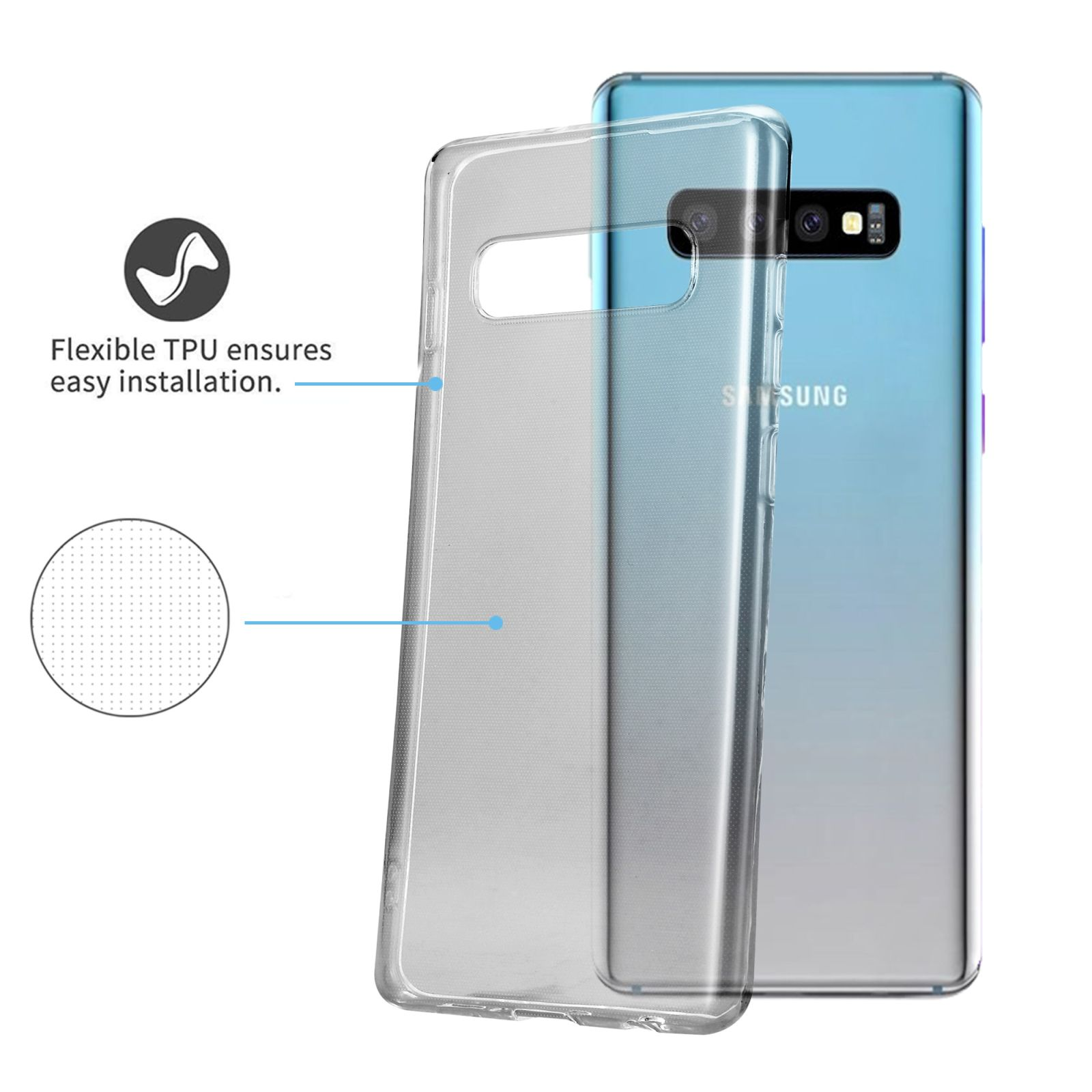 Transparente Handyhülle auf blauem Telefon, mit Text für einfache Installation.
