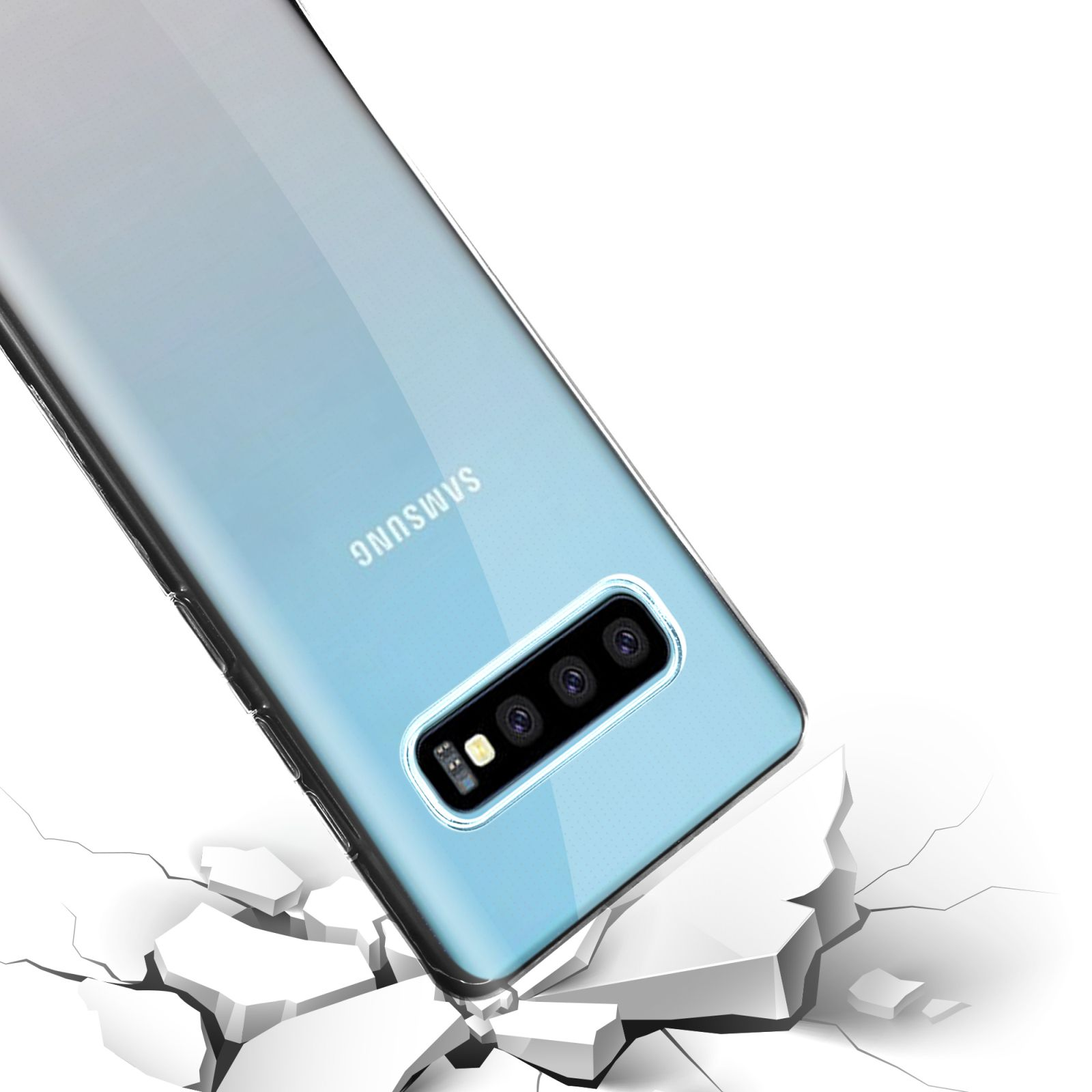 Ein Telefon mit klarer Hülle zerbricht eine weiße Oberfläche. Samsung steht auf der Rückseite.