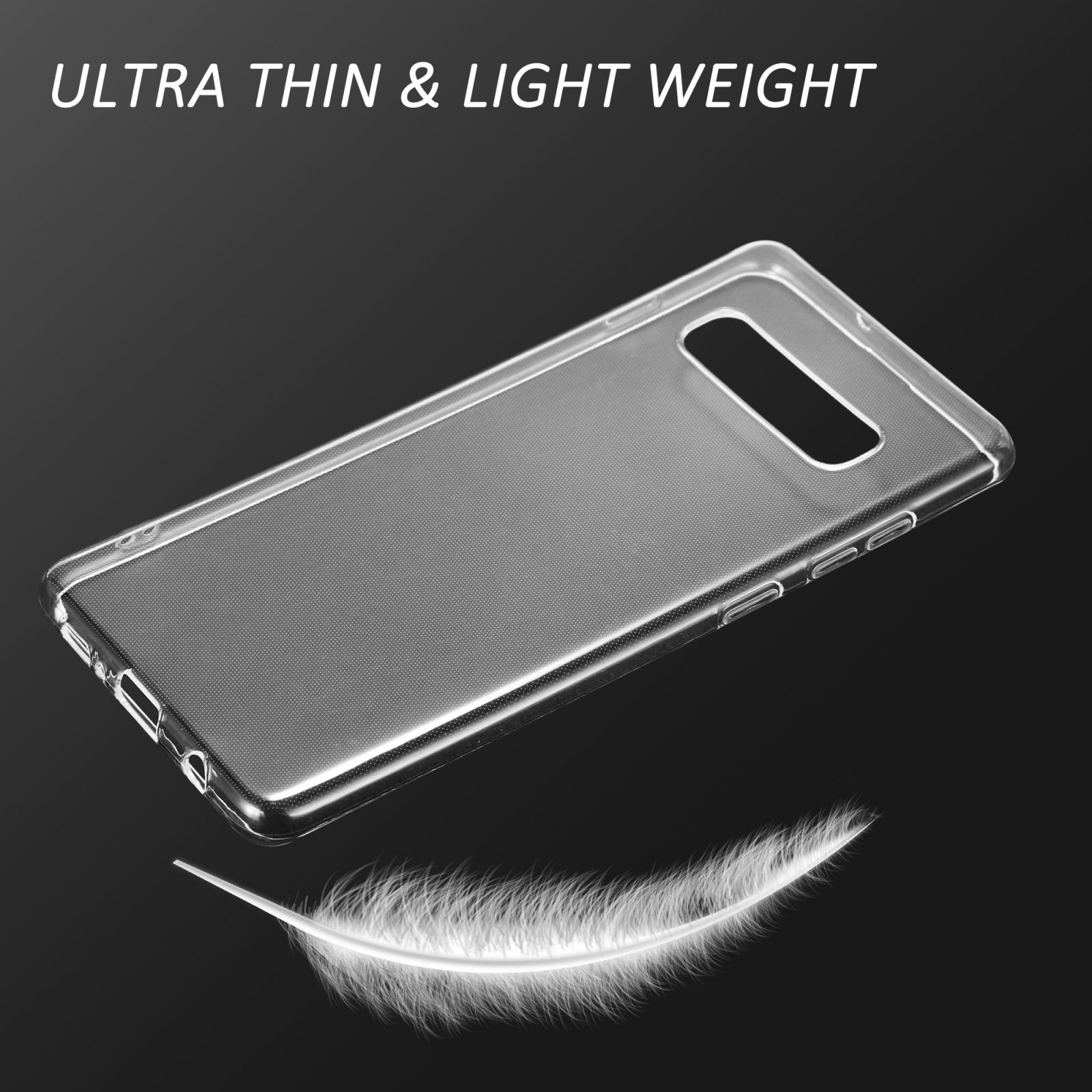 Transparente Handyhülle mit Federgrafik. Text: 'ULTRA THIN & LIGHT WEIGHT'.