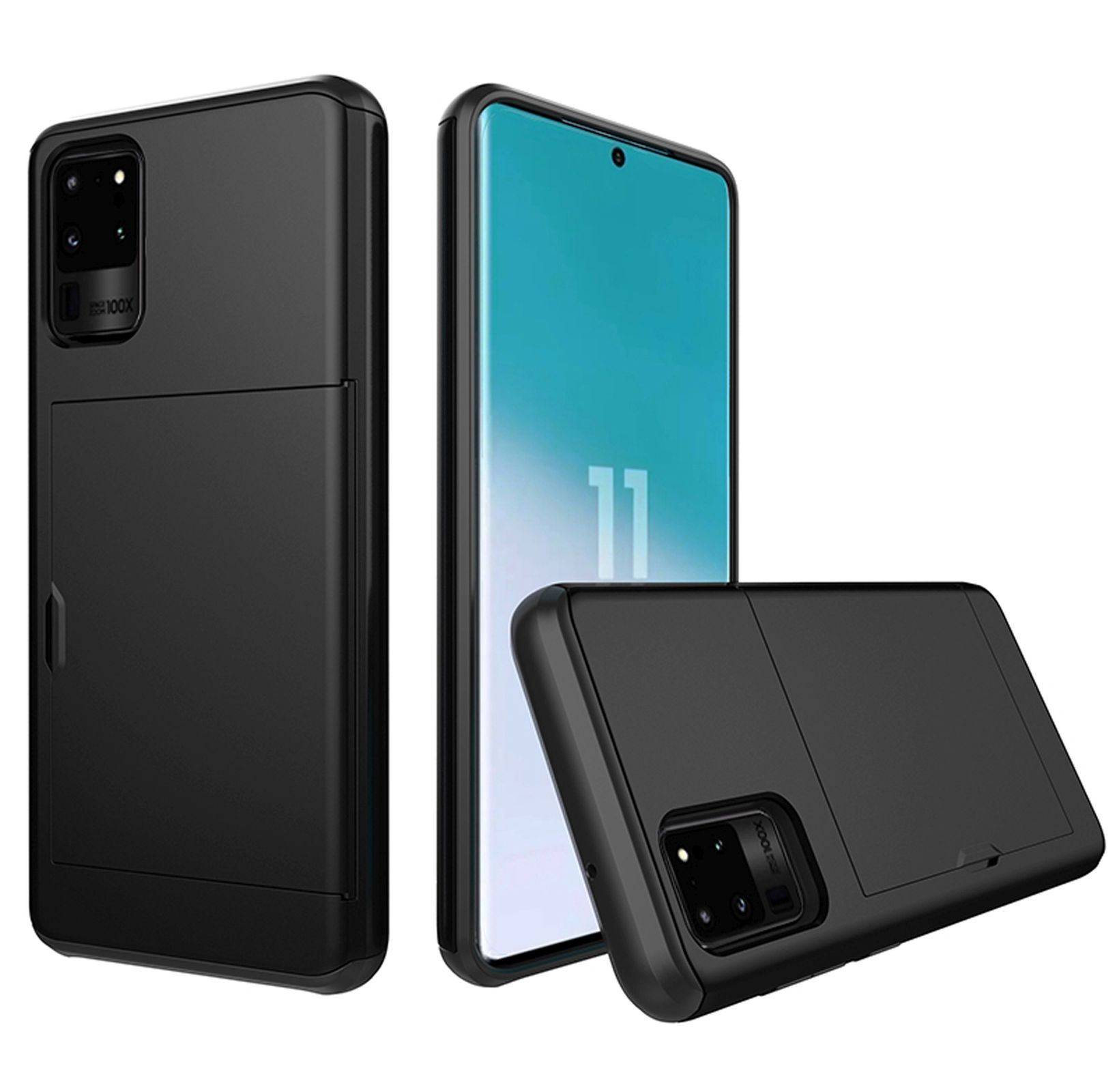 Schwarze Handyhülle mit Handy. Hülle hat Kartenfach und Ständerfunktion.
