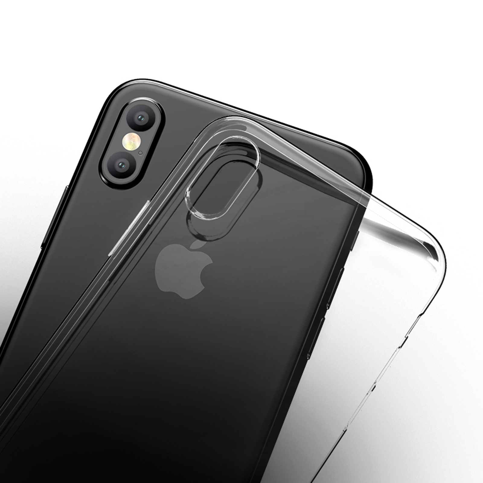 Eine transparente Handyhülle auf einem schwarzen Telefon, zeigt die Kamera und das Design des Telefons.