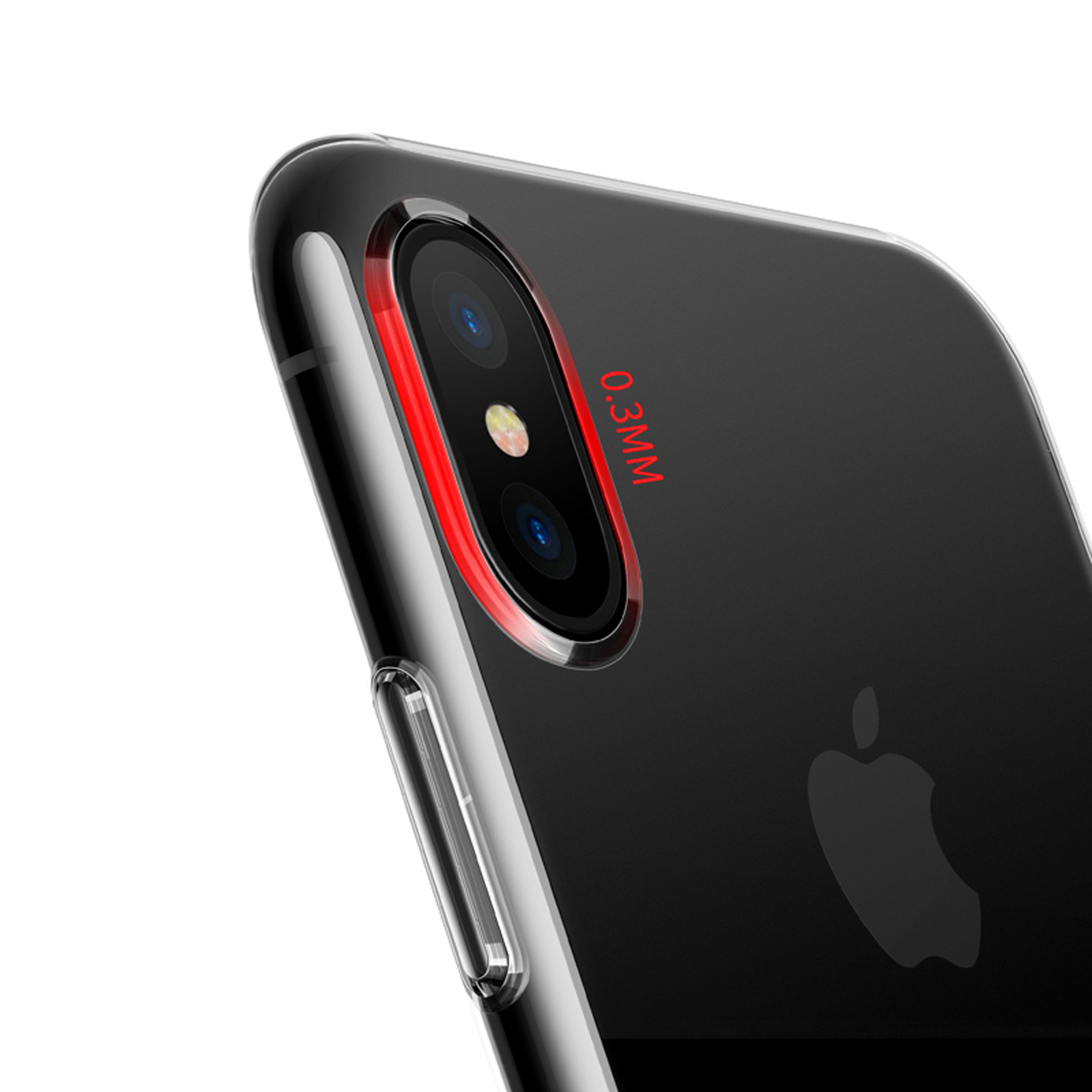 Handyhülle mit rotem Rand um die Kamera, mit Apple-Logo.
