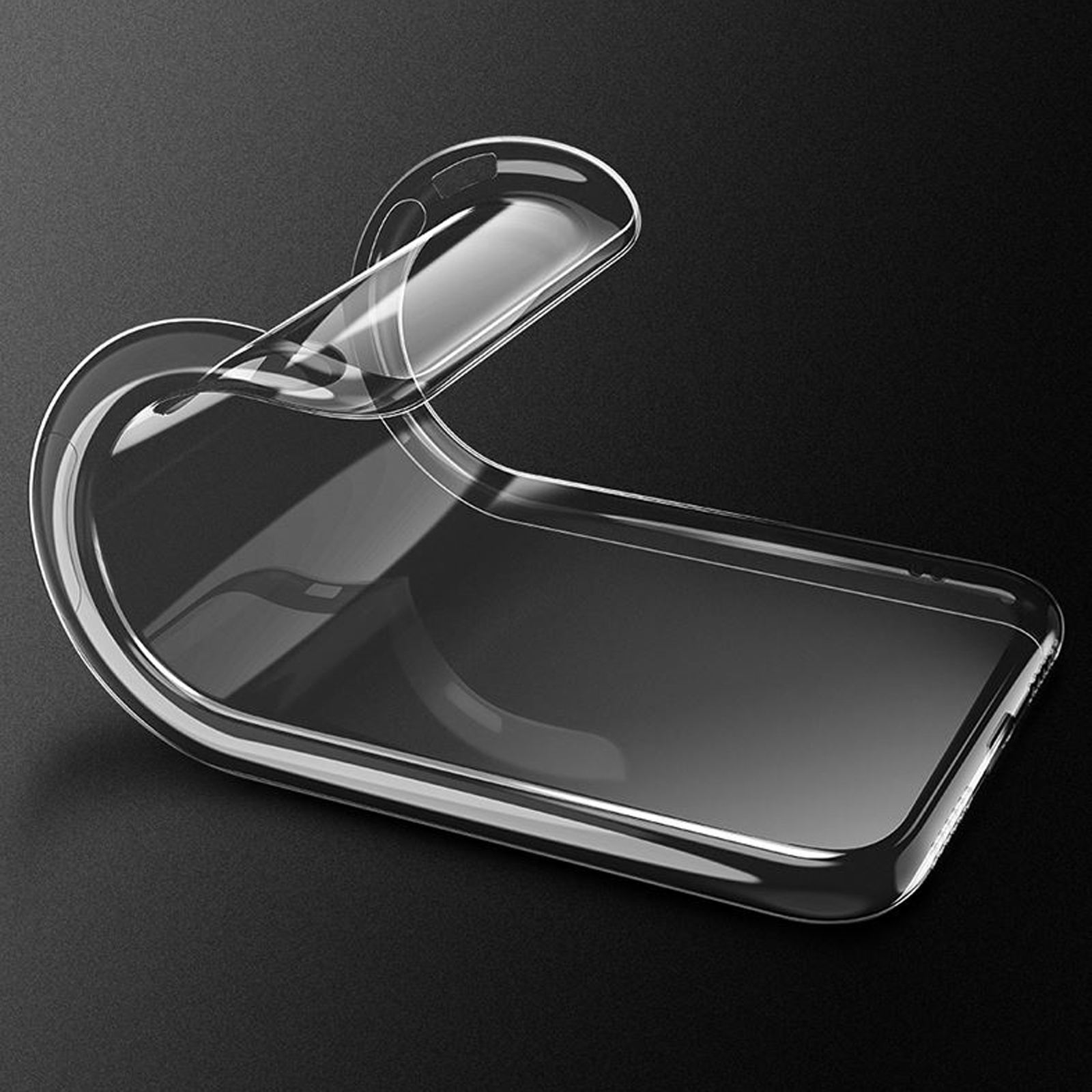 Eine transparente Handyhülle auf dunklem Untergrund. Die Form des Telefons ist durch die Hülle sichtbar.