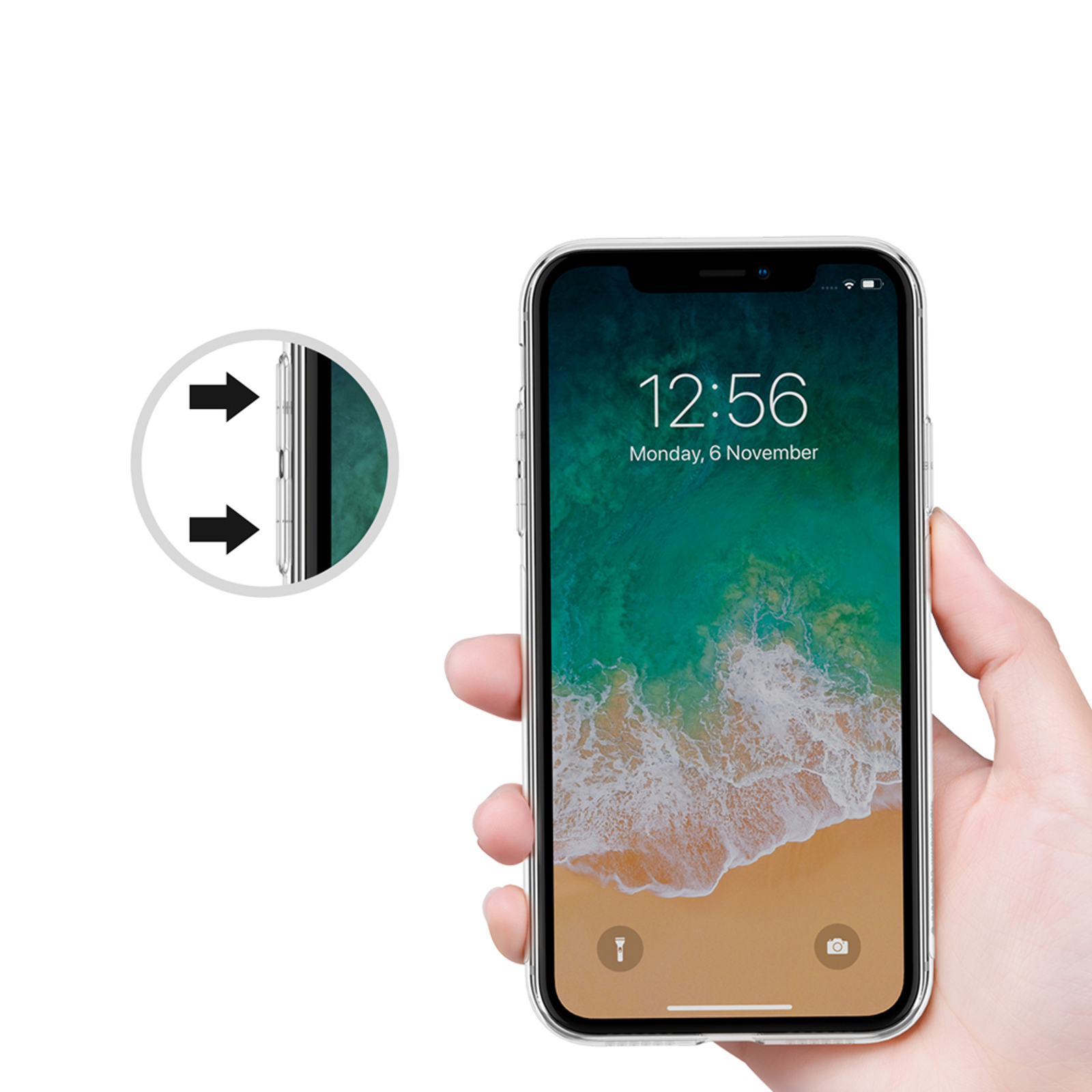 Hand hält ein Telefon mit Displayschutzfolie, zeigt die Uhrzeit 12:56.