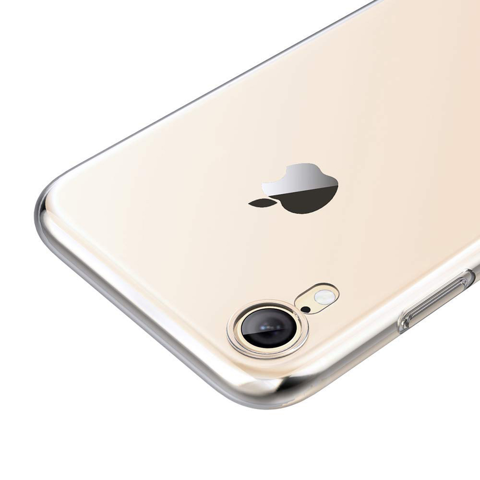 Transparente Handyhülle auf einem Telefon. Das Telefon zeigt das Apple-Logo. Die Hülle ist transparent.