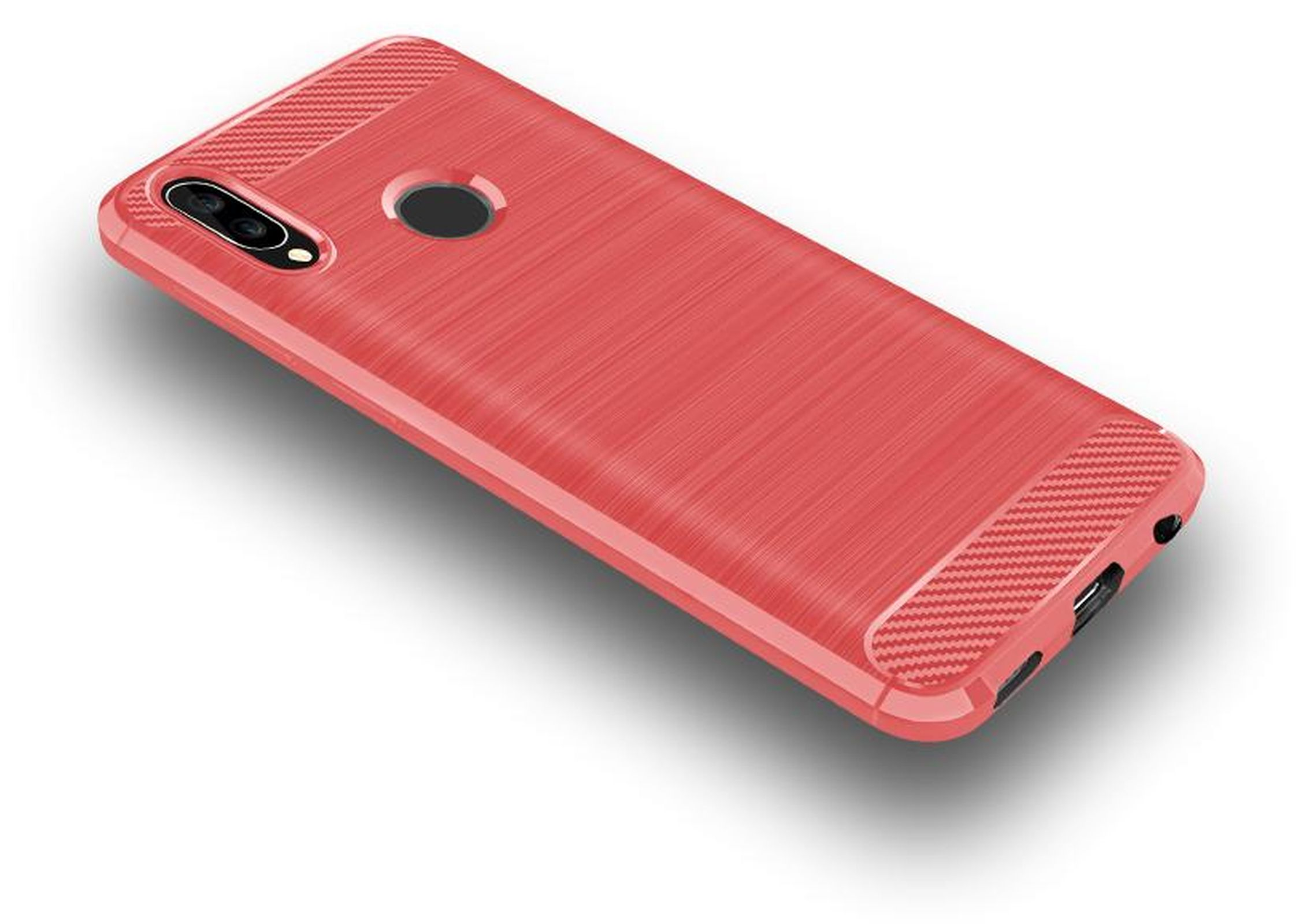 Eine rote Telefonhülle mit strukturierter Rückseite. Sie hat einen Kamera- und Fingerabdrucksensor-Ausschnitt.