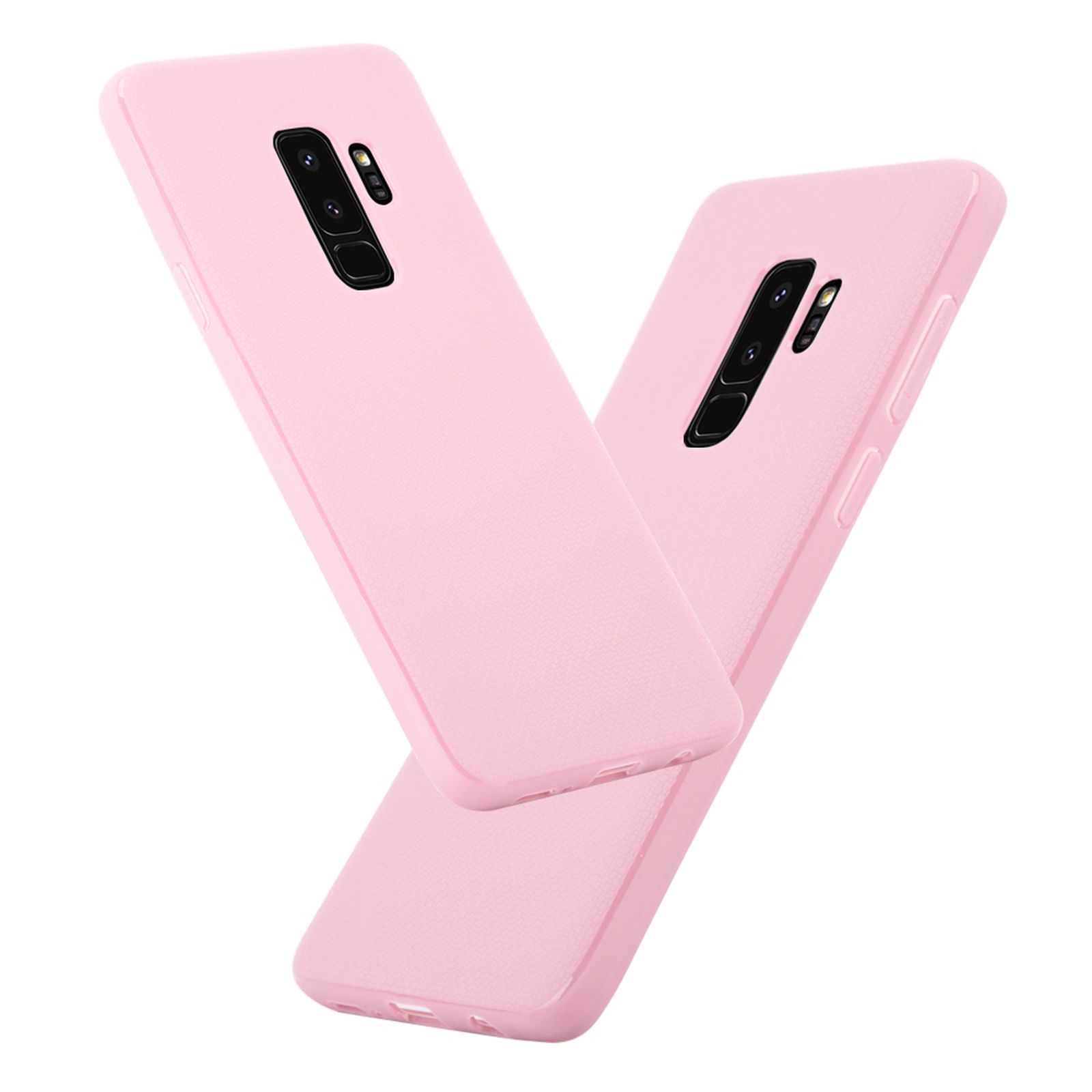 Zwei pinke Handyhüllen, abgewinkelt, isoliert auf weißem Hintergrund. Sie sind für ein Telefon.