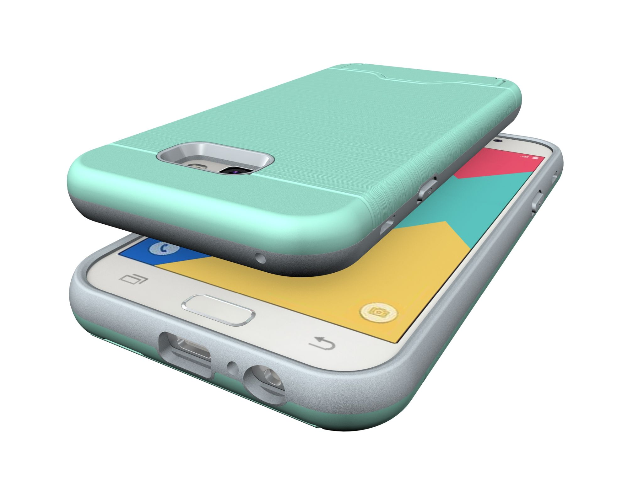 Minzfarbene Handyhülle auf einem Telefon. Das Telefon ist gelb und blau. Weißer Hintergrund.