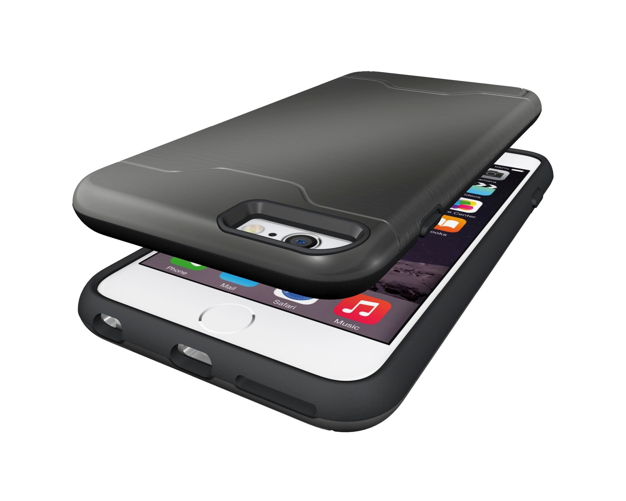 Telefon und Hülle, schwarze Hülle oben. Telefon ist weiß und Bildschirm an. Hülle hat schwarzen Rahmen.