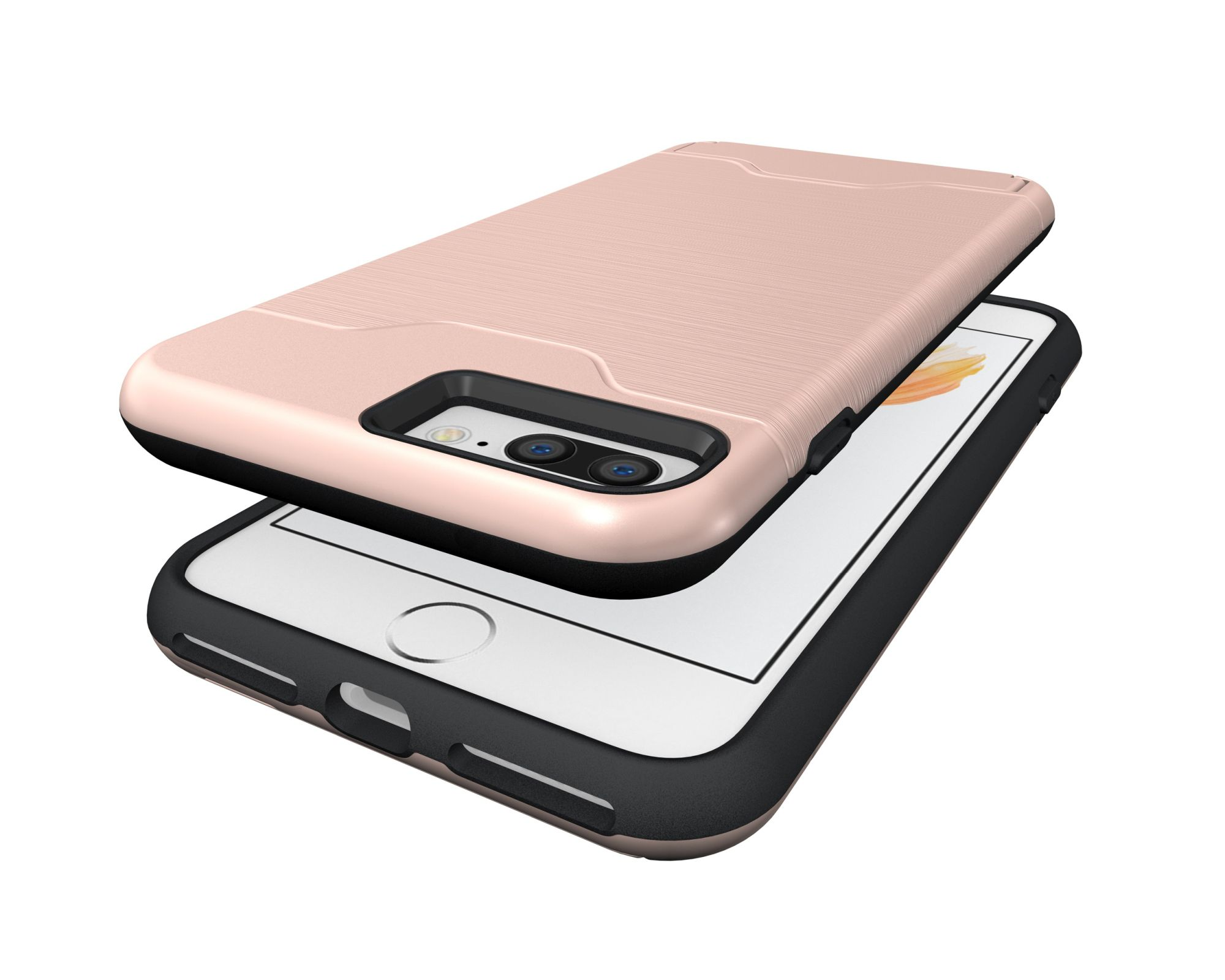 Roségoldene Handyhülle auf einem weißen Telefon.