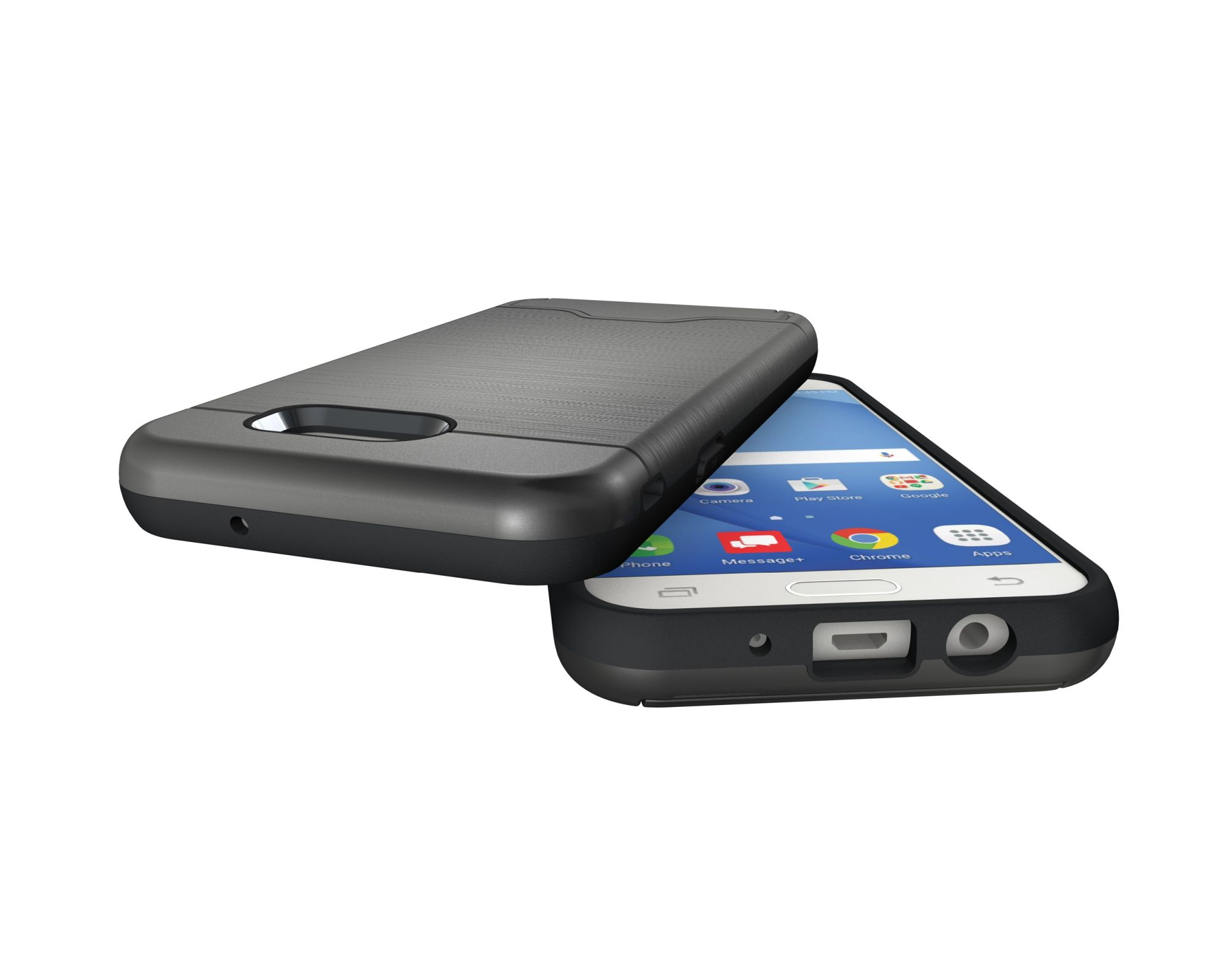Schwarze Handyhülle neben einem Telefon, beide auf weißem Hintergrund, mit schwarzen Rändern.