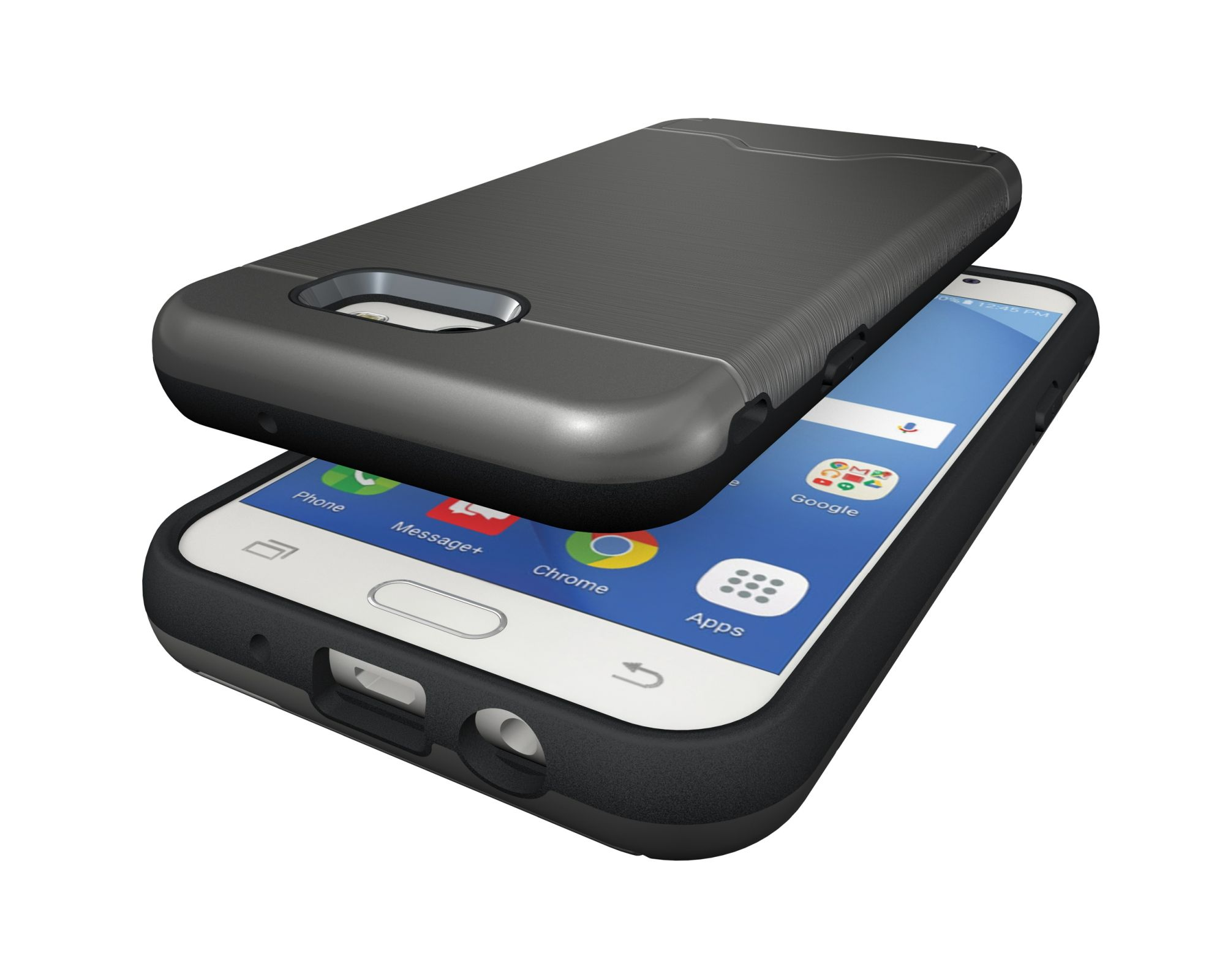 Telefon in schwarzer Hülle mit metallisch-silbergrauer Oberseite. Das Telefon ist sichtbar.