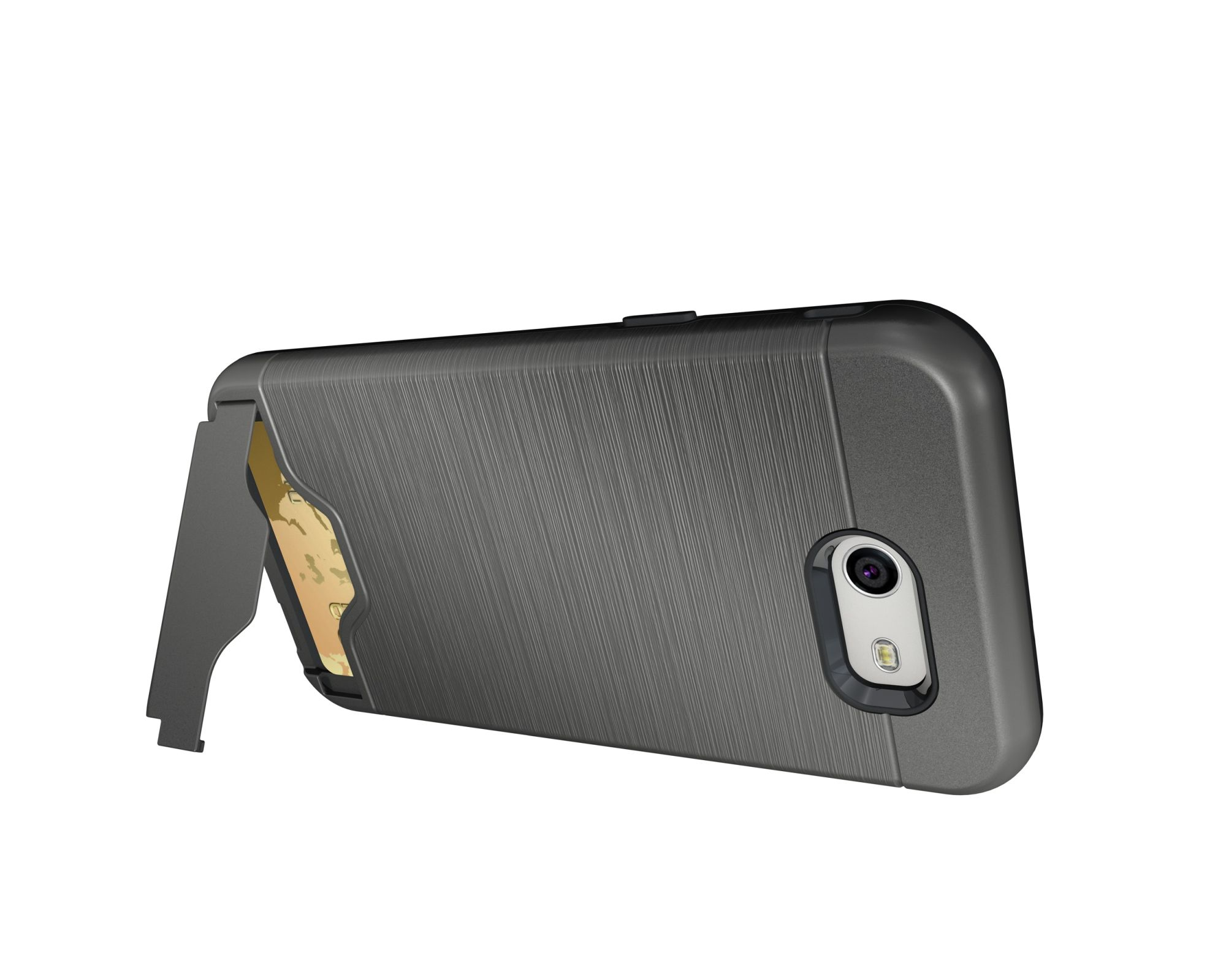 Dunkelgraue Handyhülle mit Ständer. Das Telefon ist nicht im Etui.