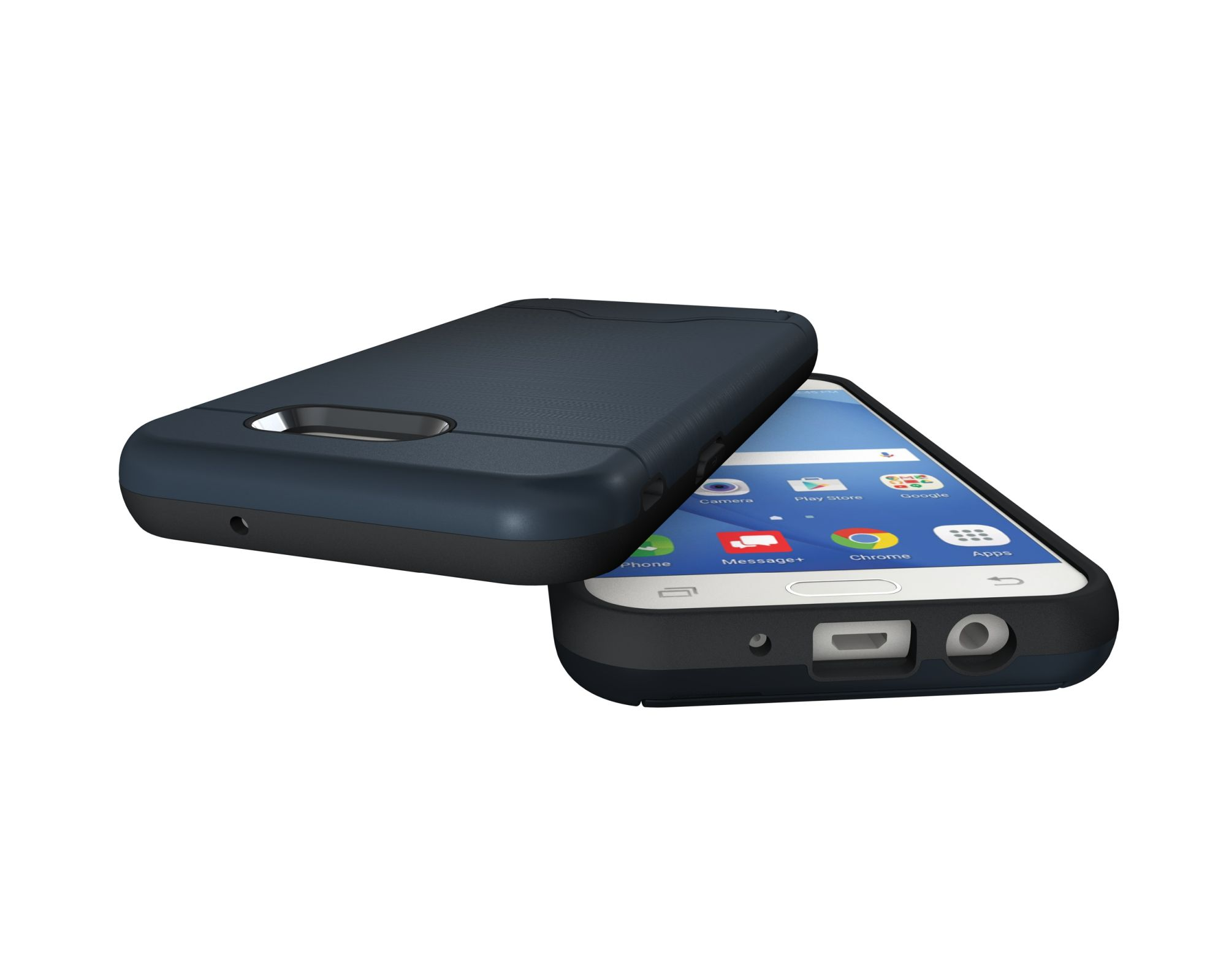 Eine blaue Handyhülle neben einem Smartphone. Das Telefon ist in einem Gehäuse.