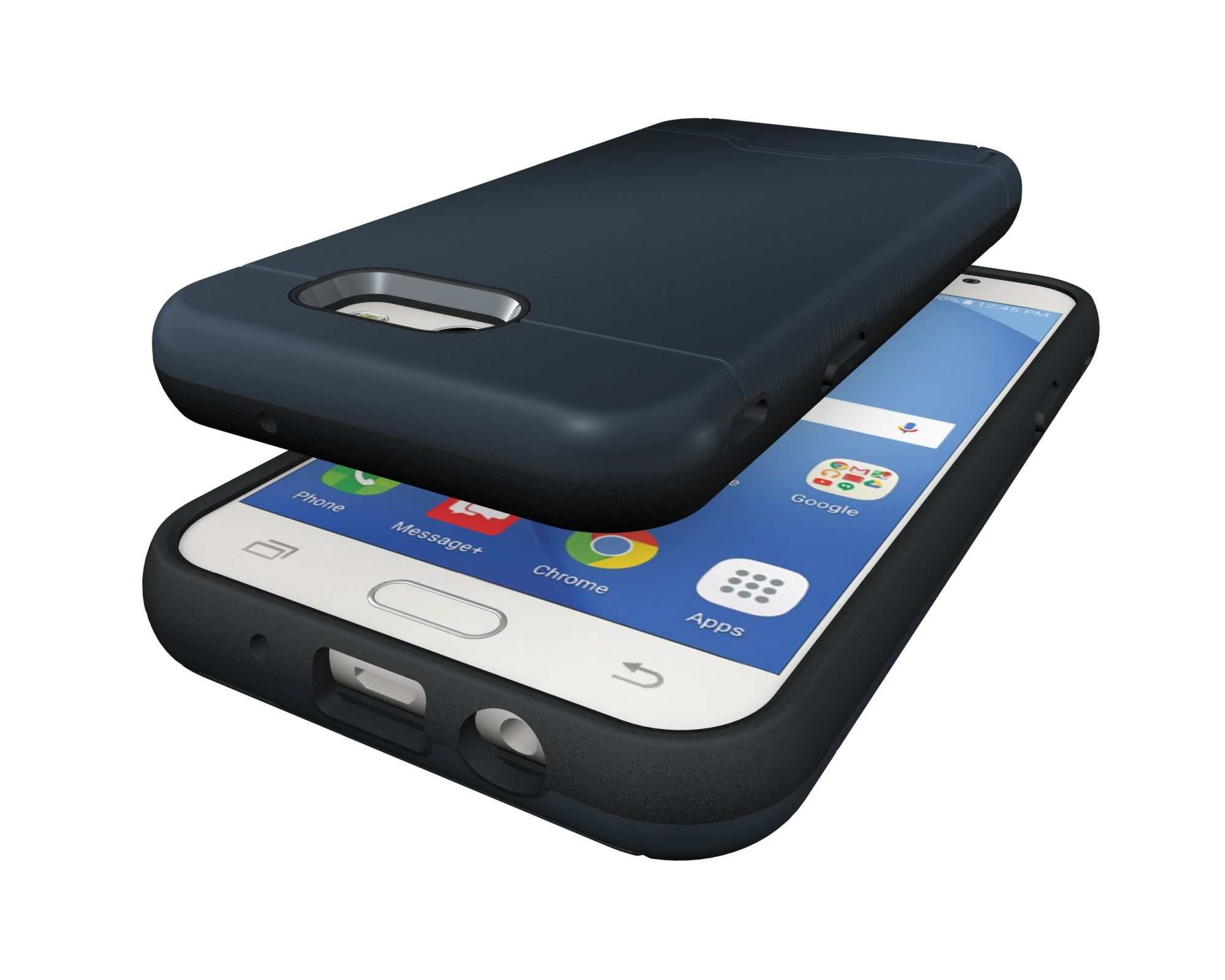 Eine schwarze Handyhülle über einem weißen Telefon. Die Hülle ist leicht geöffnet. Das Telefon zeigt den Startbildschirm.