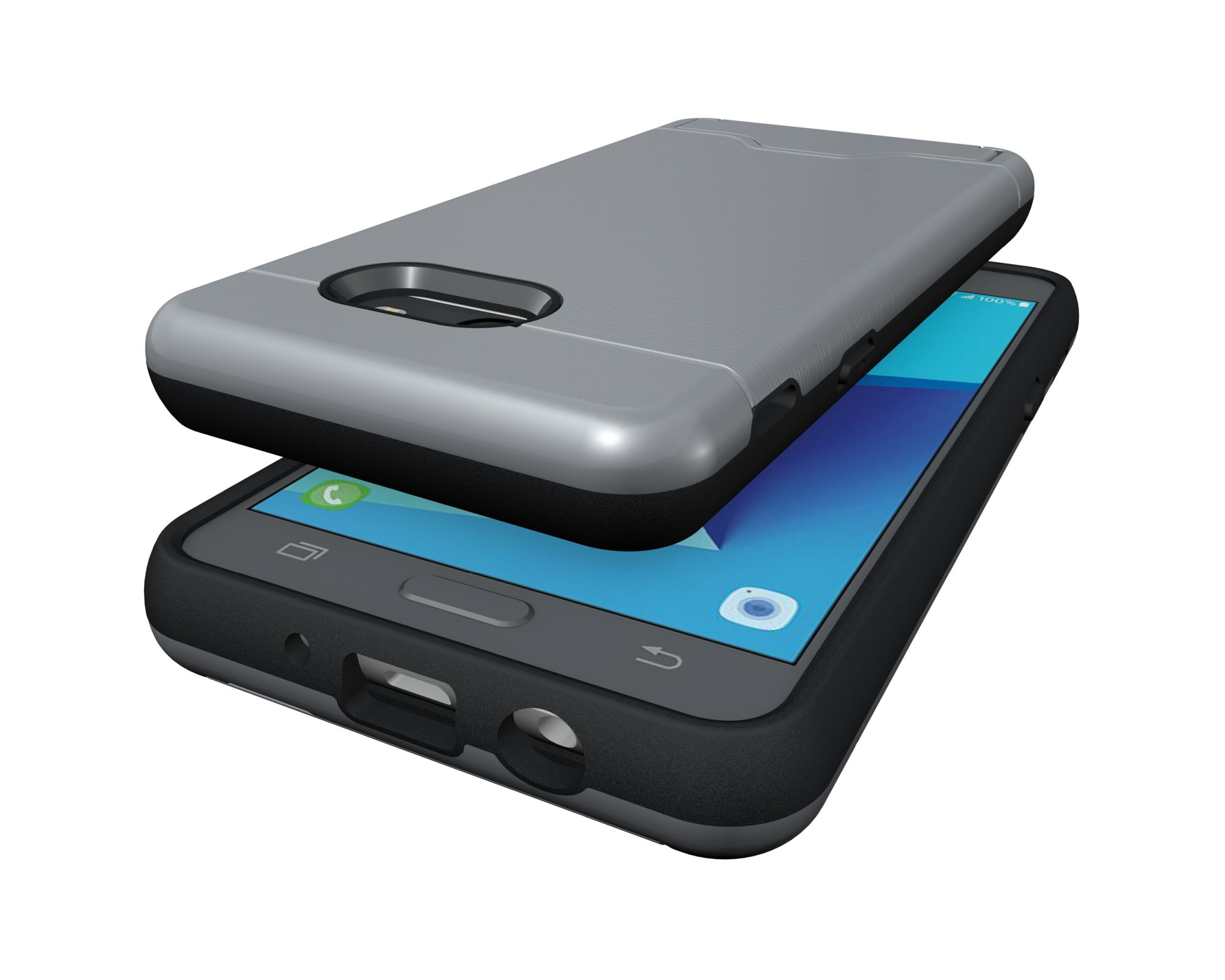 Ein Telefon ist mit einer silbernen Hülle bedeckt. Die Abdeckung befindet sich über dem Telefon und zeigt seine Seite und Oberseite.