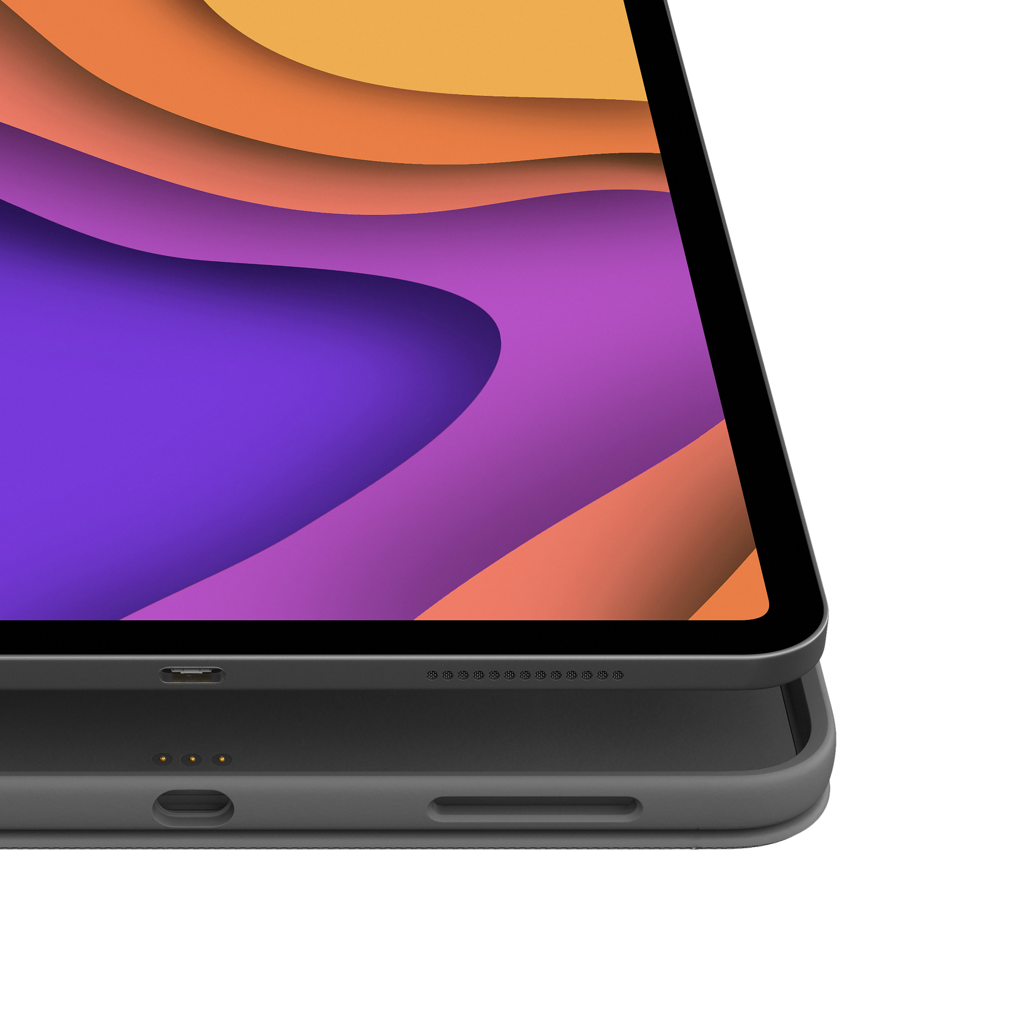 Nahaufnahme eines Tablets in einem grauen Gehäuse, das den Ladeanschluss und den Lautsprecher zeigt.