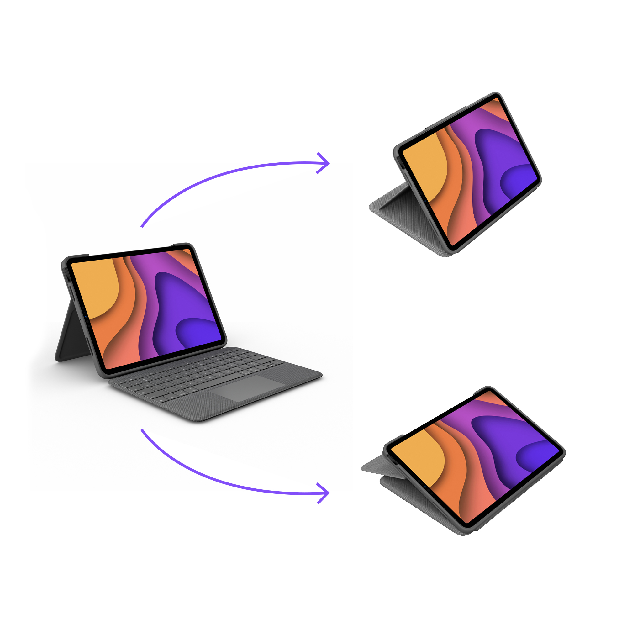 Drei Ansichten eines iPads in einem Gehäuse mit Tastatur. Das iPad hat ein farbenfrohes Hintergrundbild.