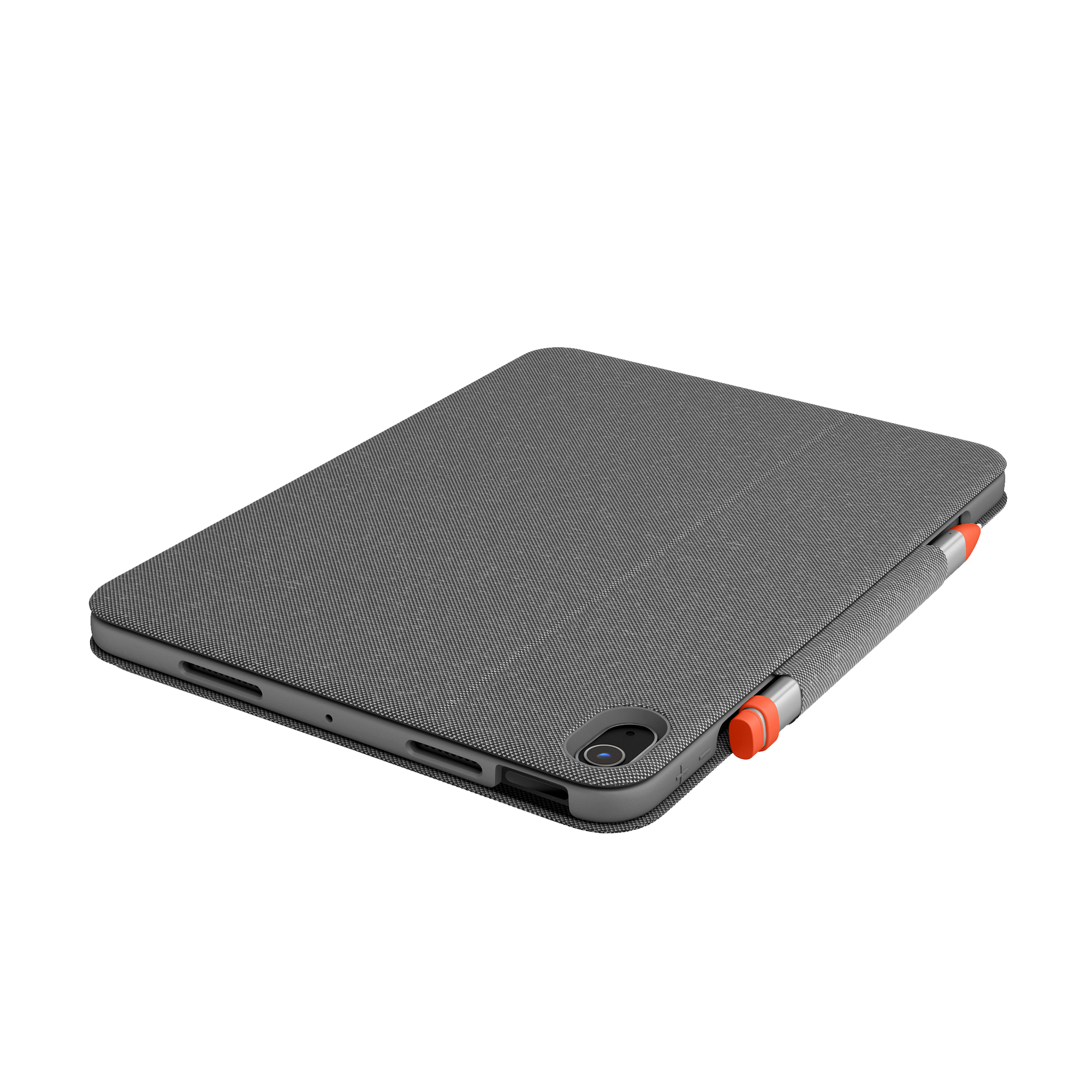 Custodia per tablet grigia con portapenne arancione. Ha uno schermo grigio scuro. Sfondo bianco.