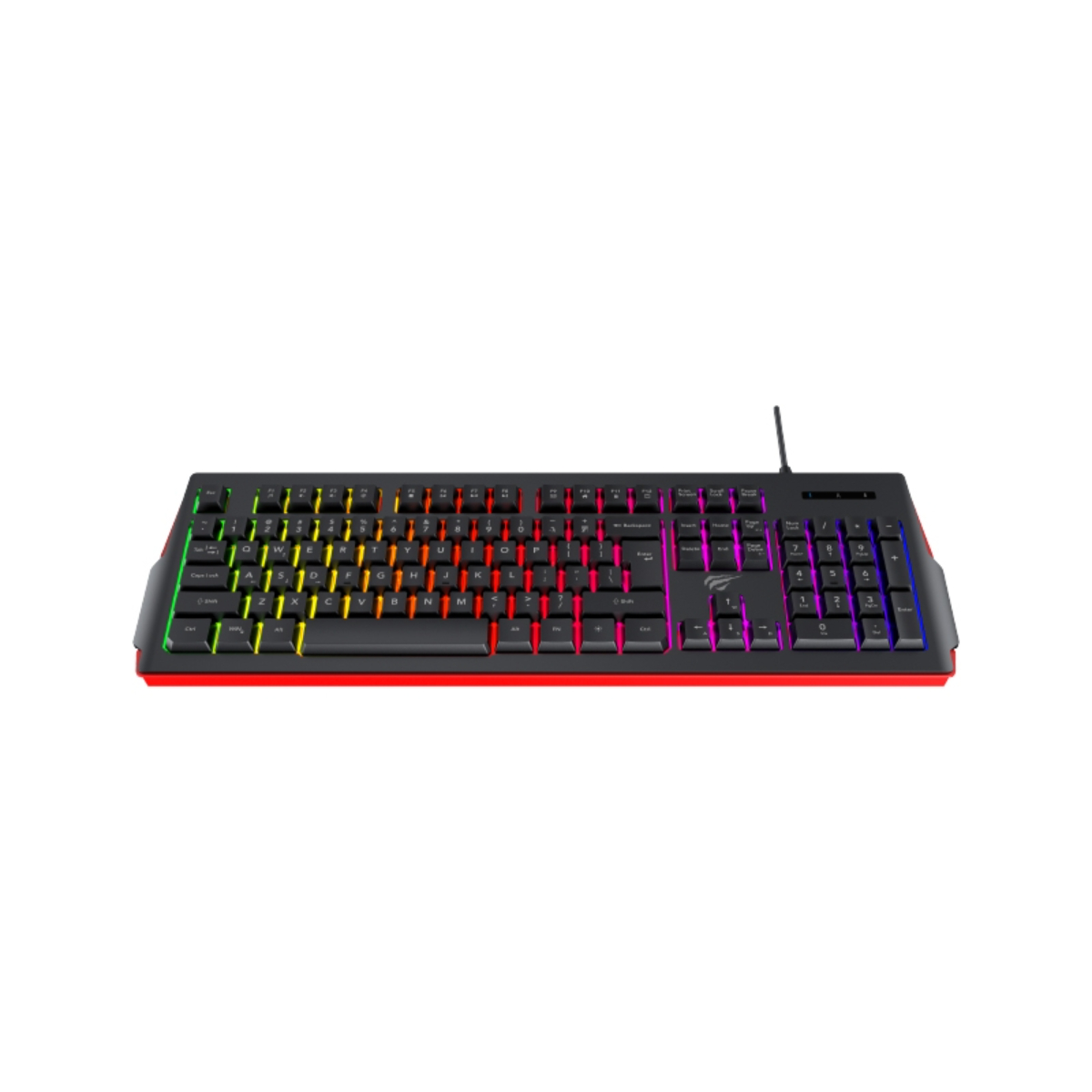Teclado con cable negro con teclas multicolores. Borde rojo. Fondo blanco.
