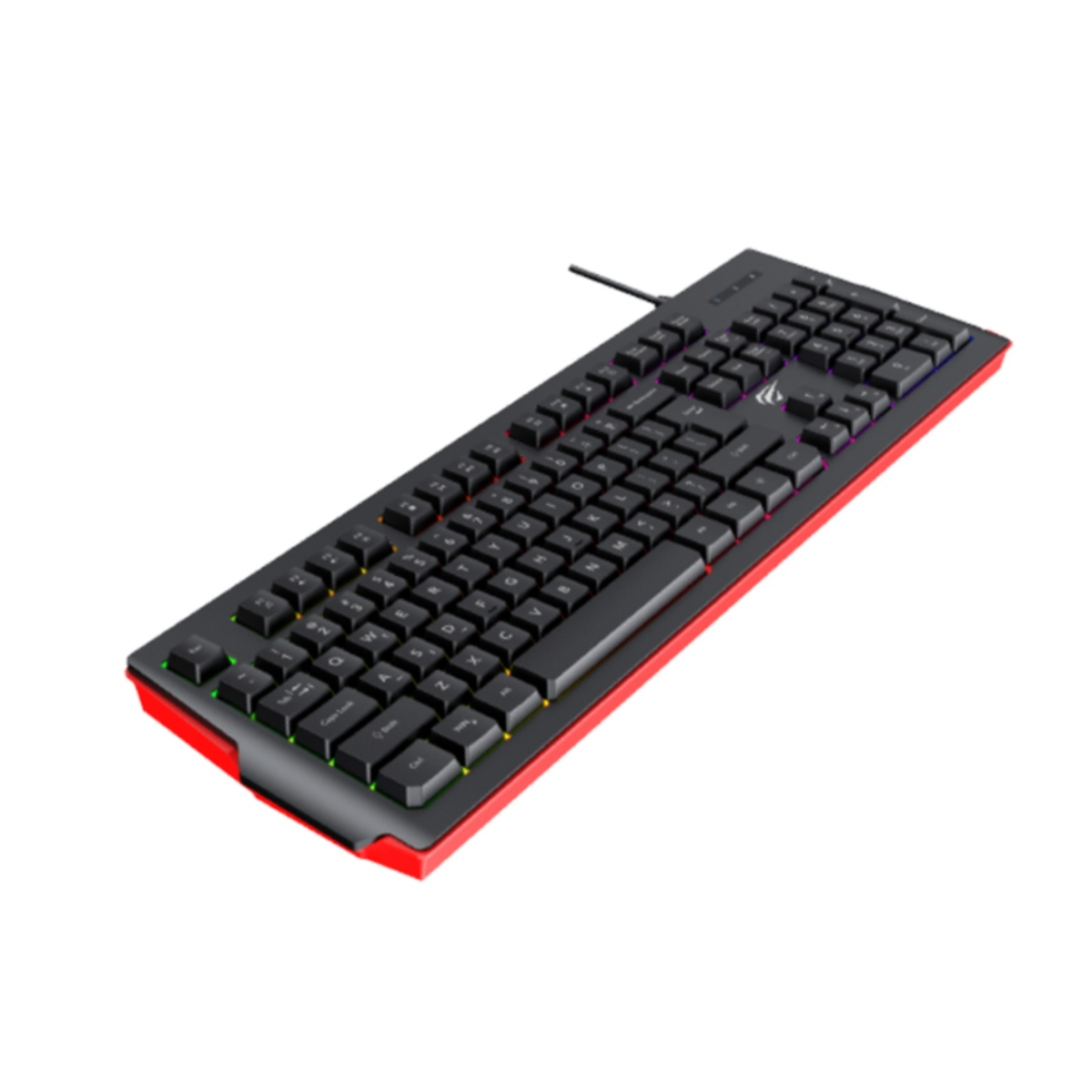 Un teclado negro con bordes rojos y teclas iluminadas. Teclas dispuestas en diseño QWERTY.