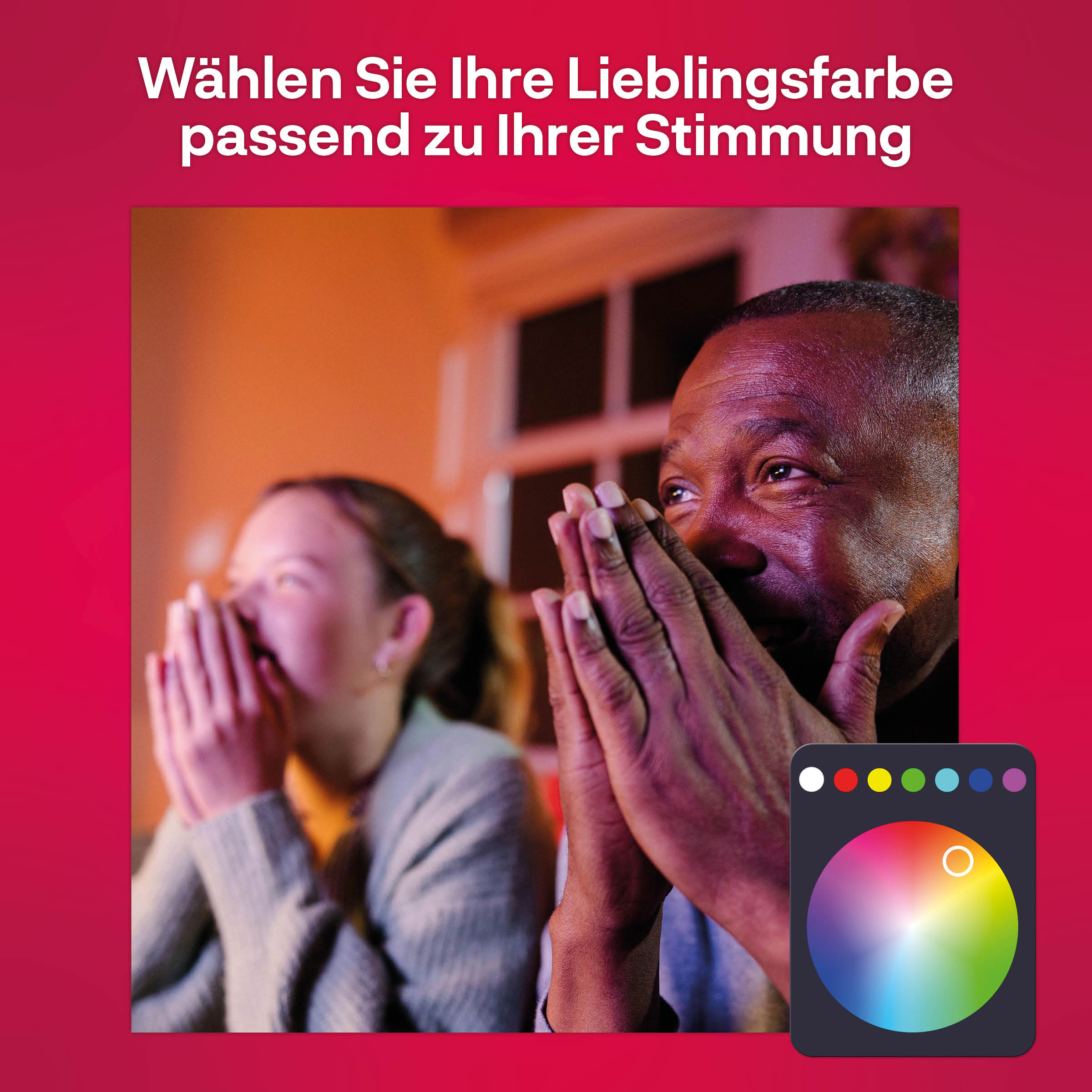 Menschen schauen fern, halten sich den Mund zu, mit einem Farbrad. Text: Wähle deine Lieblingsfarbe passend zu deiner Stimmung.