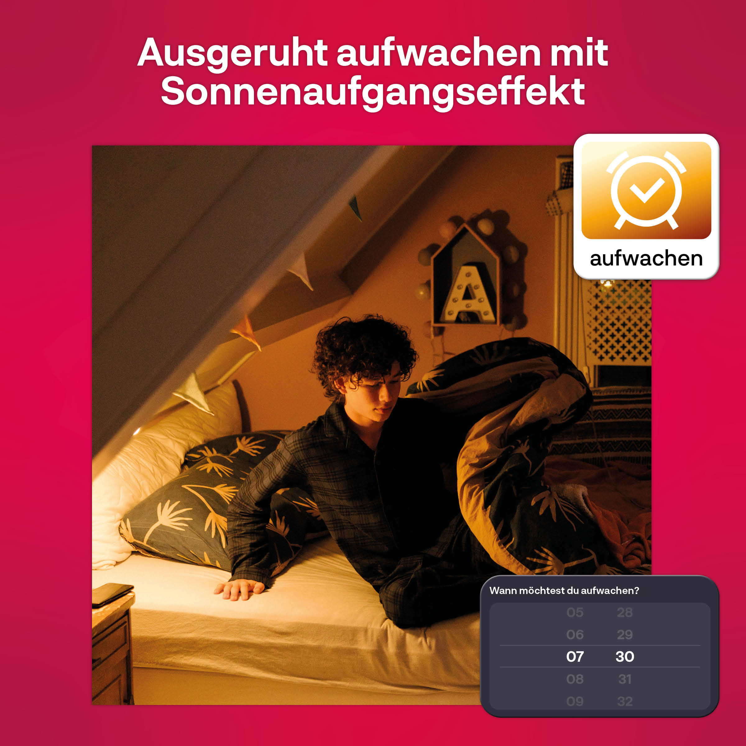 Ein Mann in einem Zimmer wacht auf. Ein Wecker-Symbol wird angezeigt.