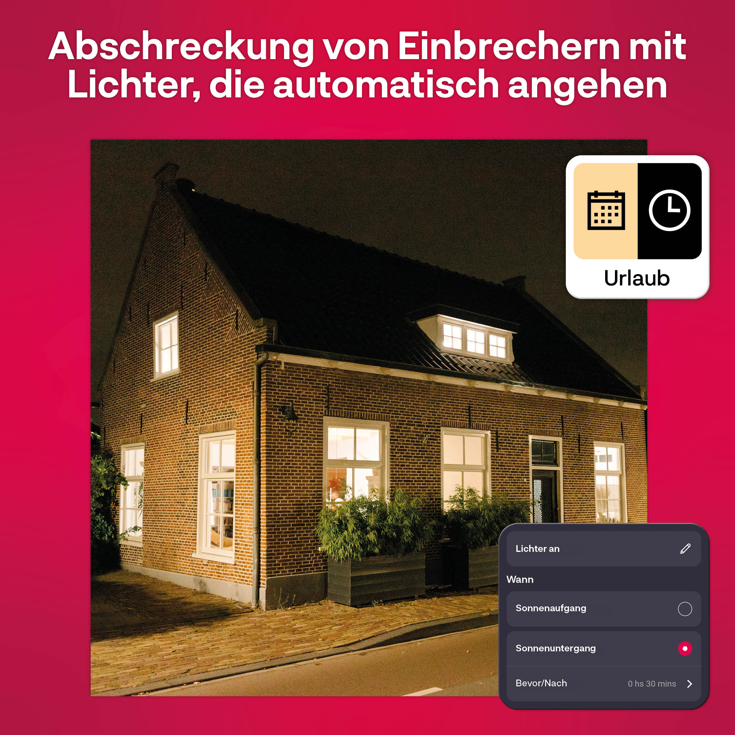 Ein Haus mit eingeschaltetem Licht wird mit einer Telefonoberfläche zur Steuerung bei Nacht gezeigt.