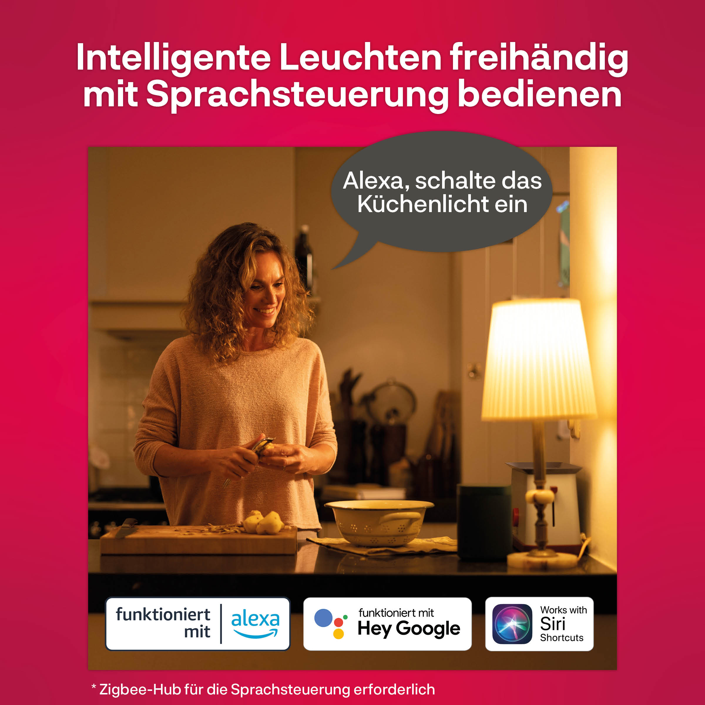 Eine Frau in einer Küche schält Gemüse. Text und Logos für Sprachsteuerung sind sichtbar.