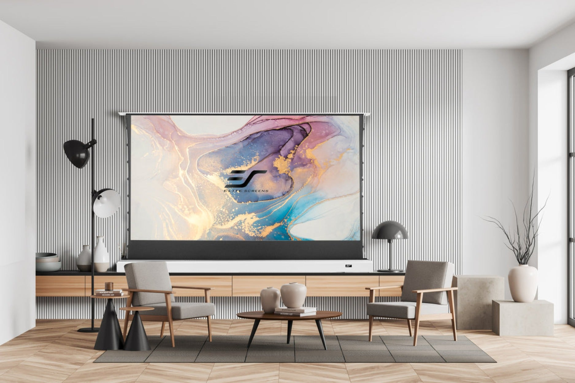 Living room with a projector screen, two armchairs, and a coffee table. Modern design.