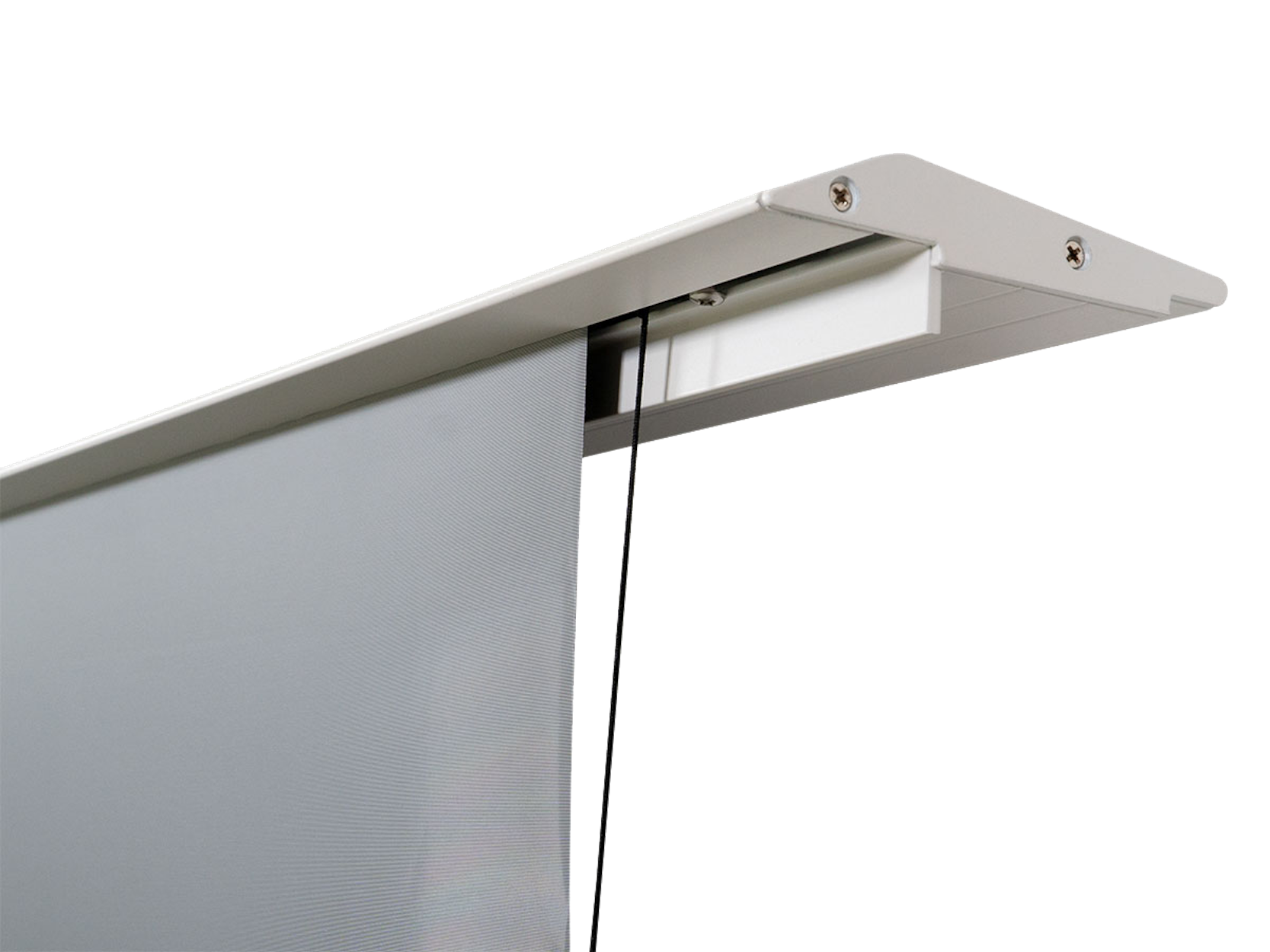Close-up of a roller blind system with a gray blind and black cord.