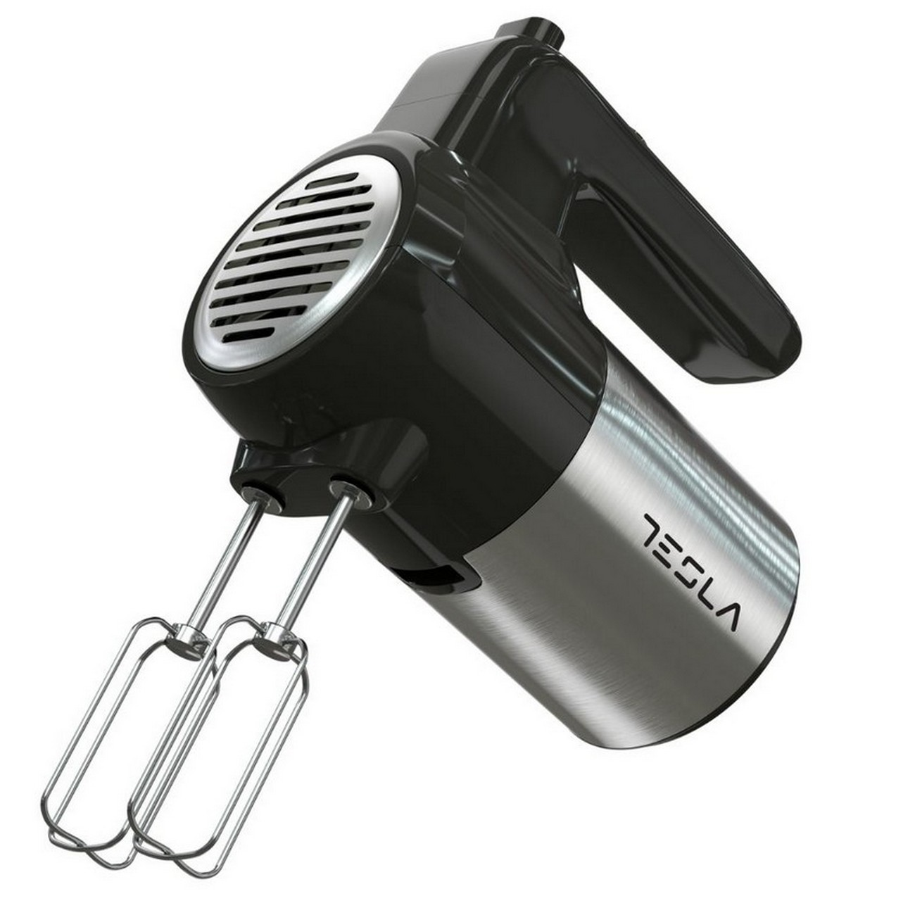 Schwarz-silberner Tesla Handmixer, Winkelansicht. Mit Griff und zwei Rührbesen.