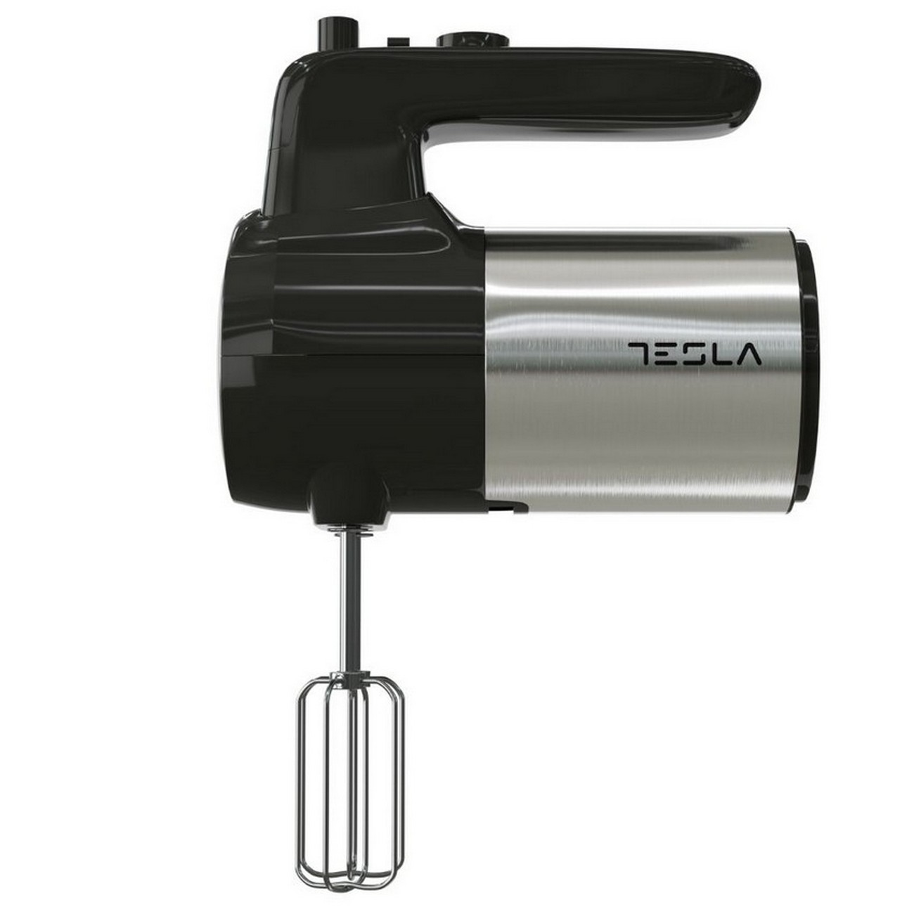 Schwarzer und silberner Tesla Handmixer mit Edelstahlgehäuse.