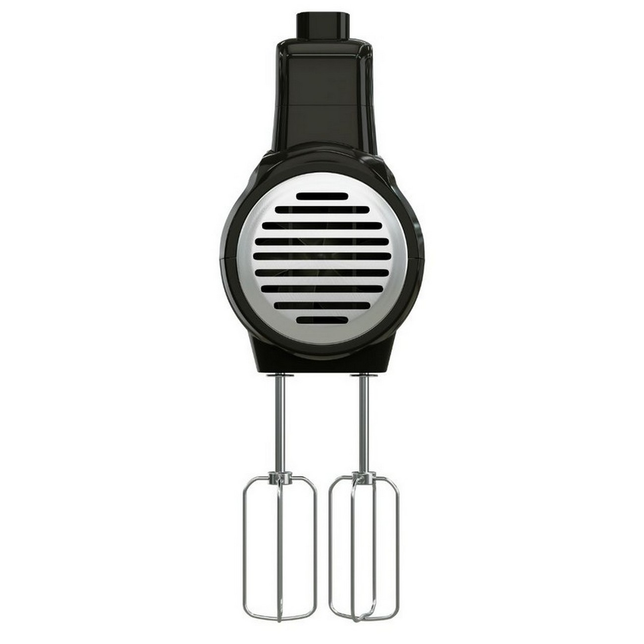 Schwarzer Handmixer mit Klingen auf weißem Hintergrund.