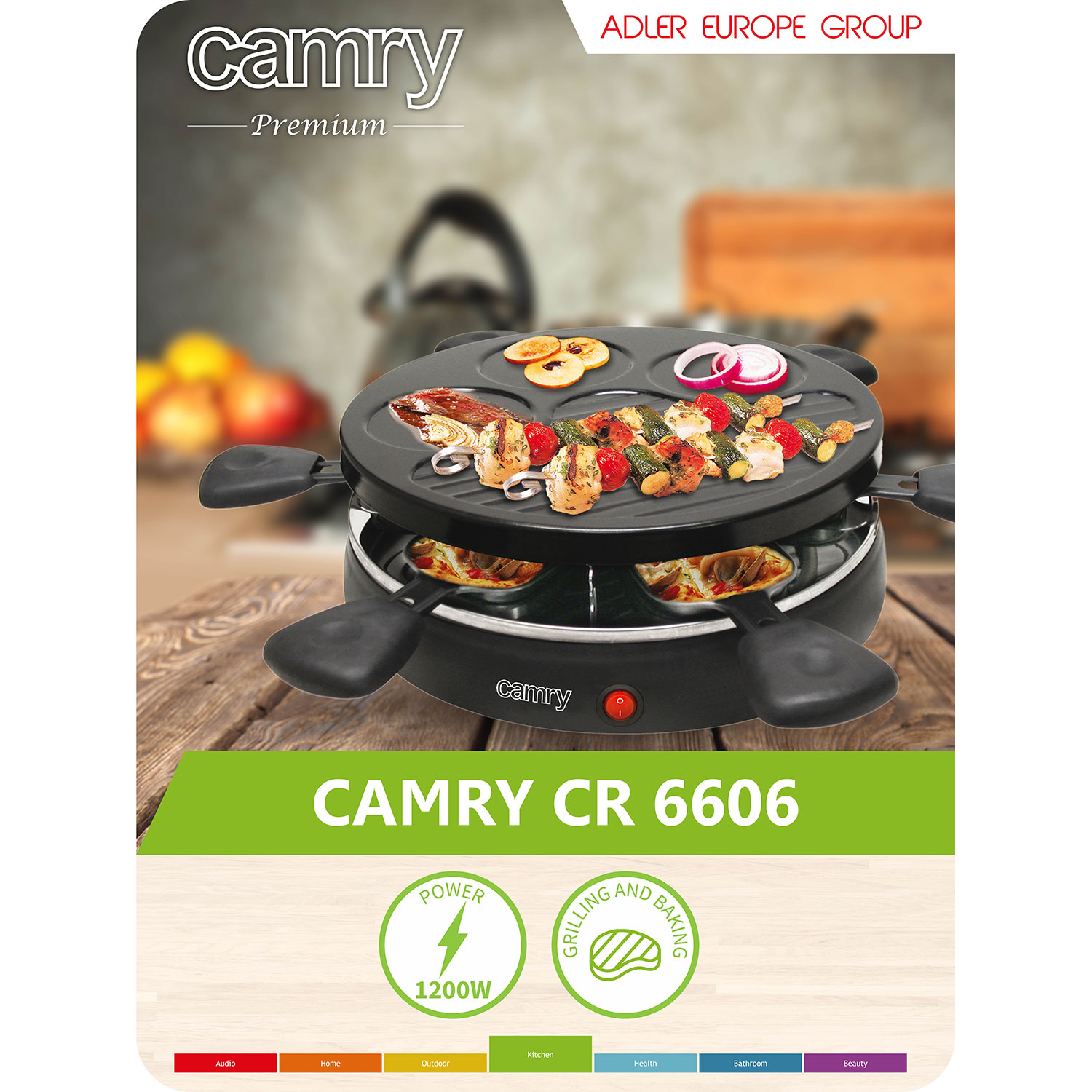 Griglia raclette Camry con cibo, su superficie in legno con icone di categoria.