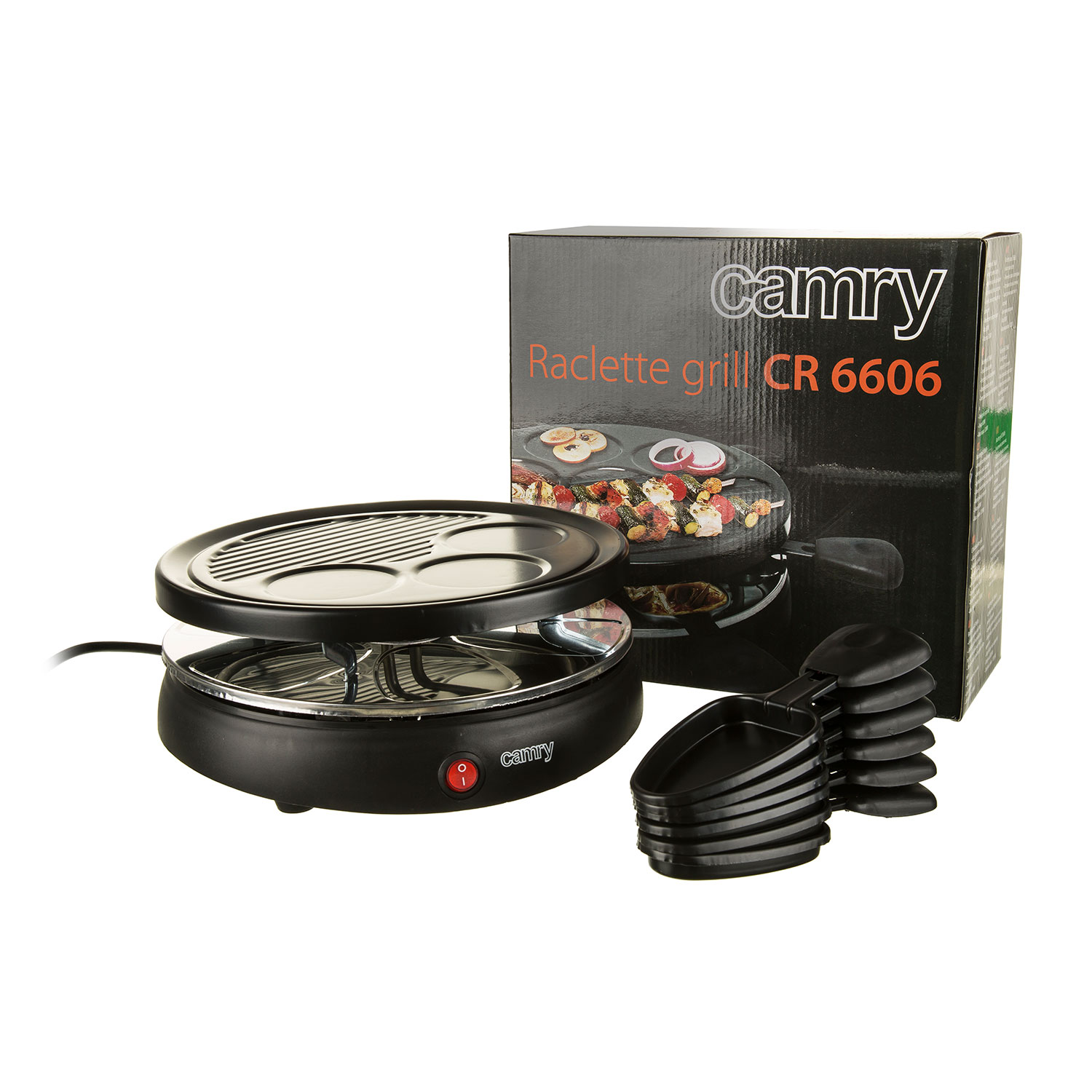 Grill raclette nero con scatola, padelle per formaggio e superficie di cottura.