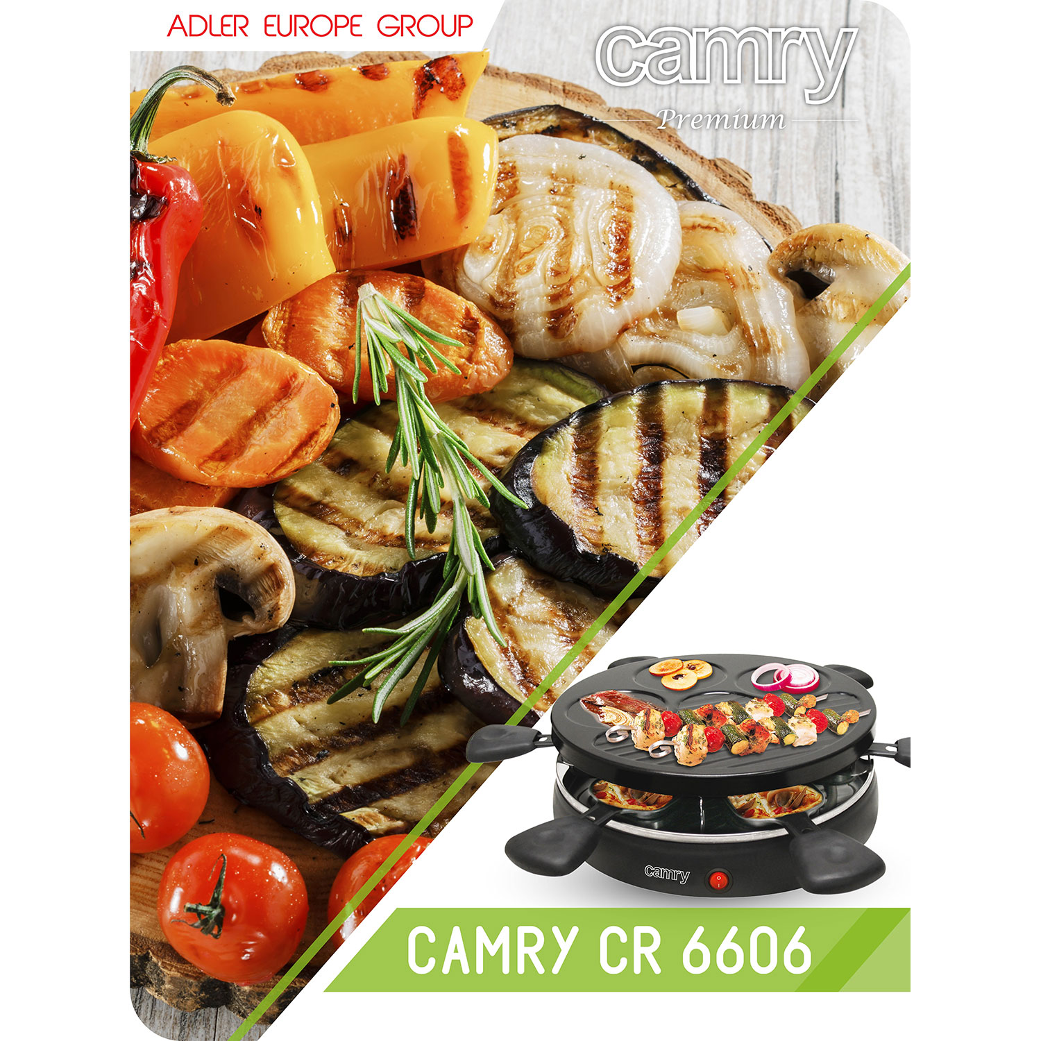 Griglia Camry con verdure. Verdure grigliate e piccola griglia. Testo su sfondo in legno.